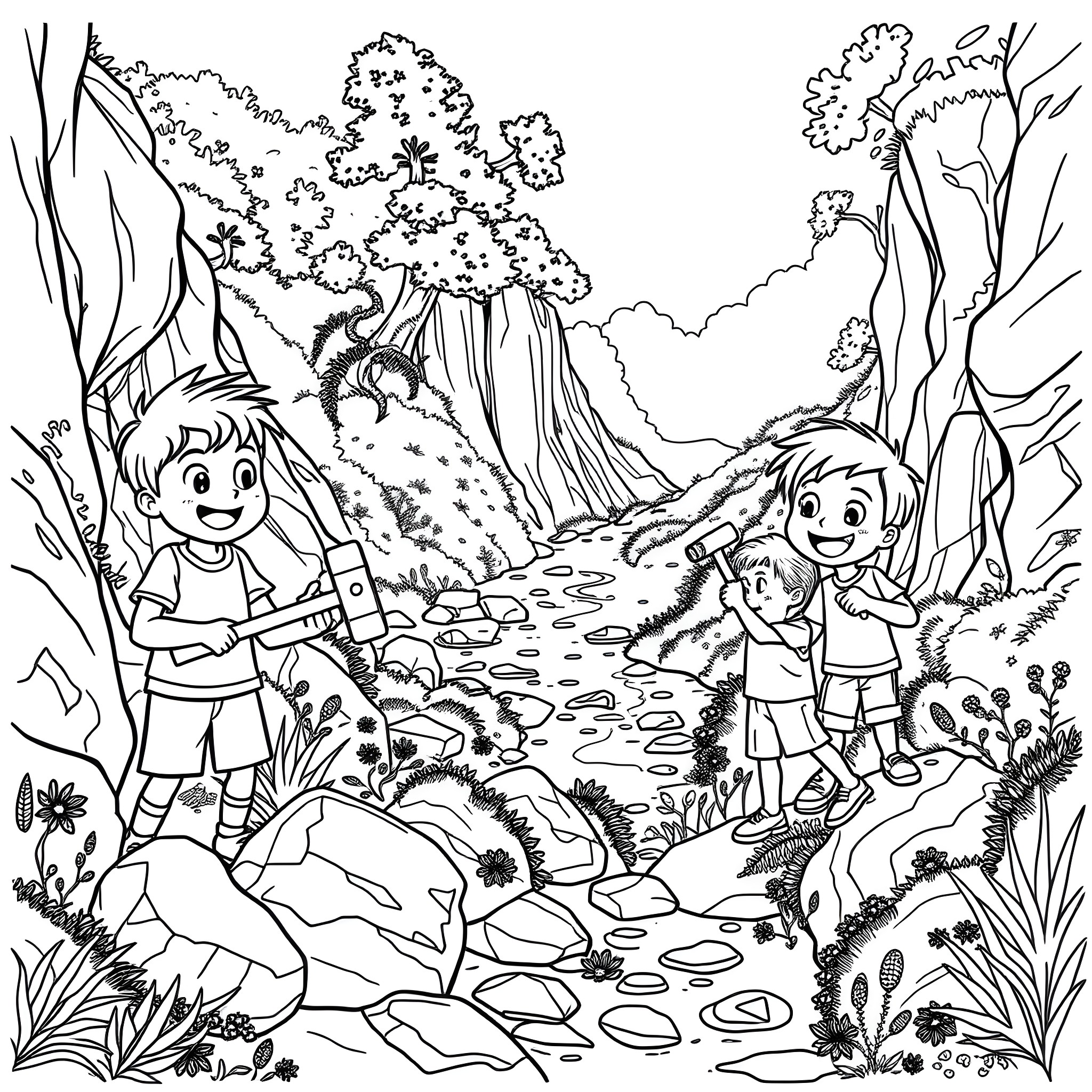 Kids exploring a magical forest landscape Coloring Page (free black-and-white line drawing printable PDF for all, from beginners to advanced learners, including children, teens, adults, and seniors)