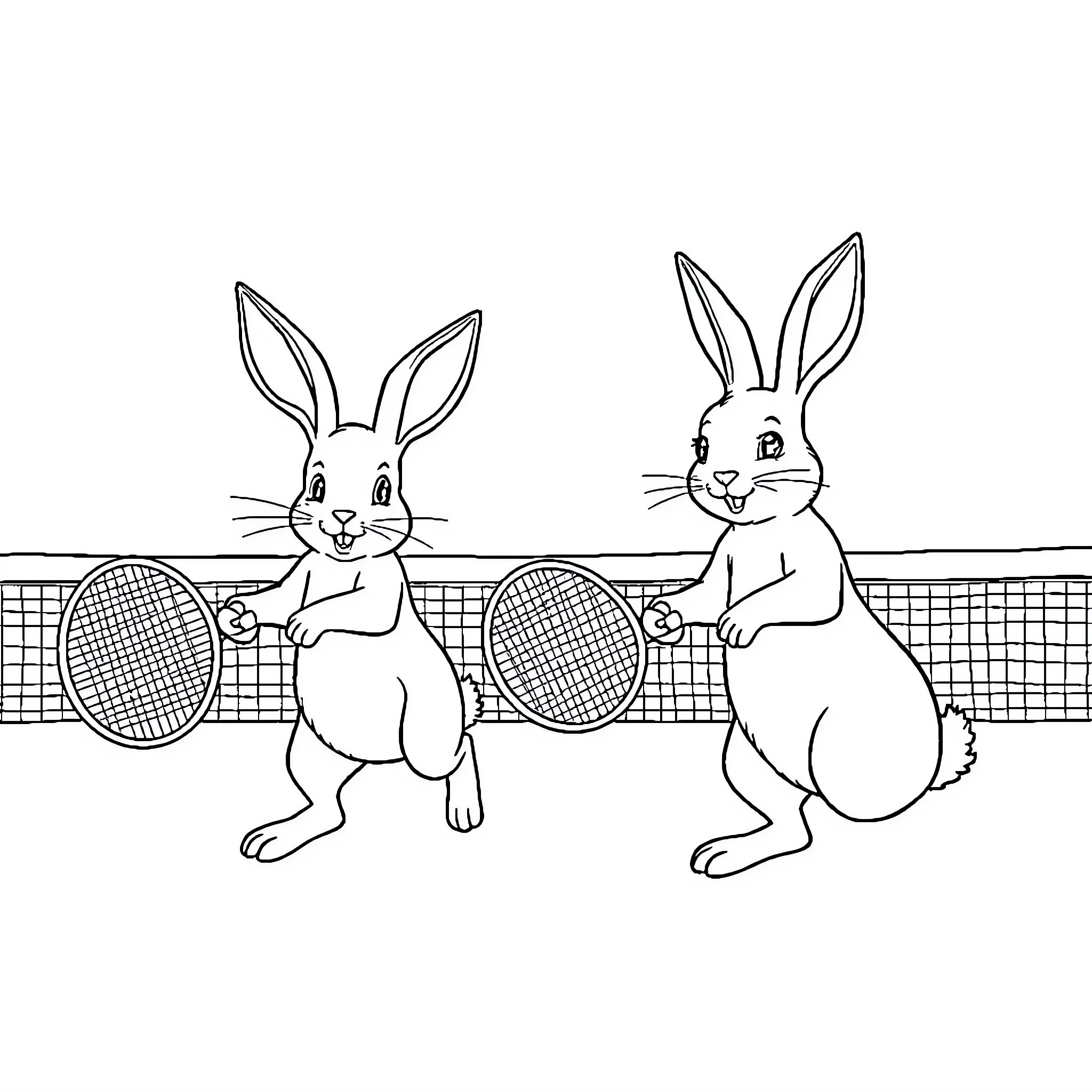 Bunny Rabbits Playing Tennis on Court Coloring Page (free black-and-white line drawing printable PDF for all, from beginners to advanced learners, including children, teens, adults, and seniors)