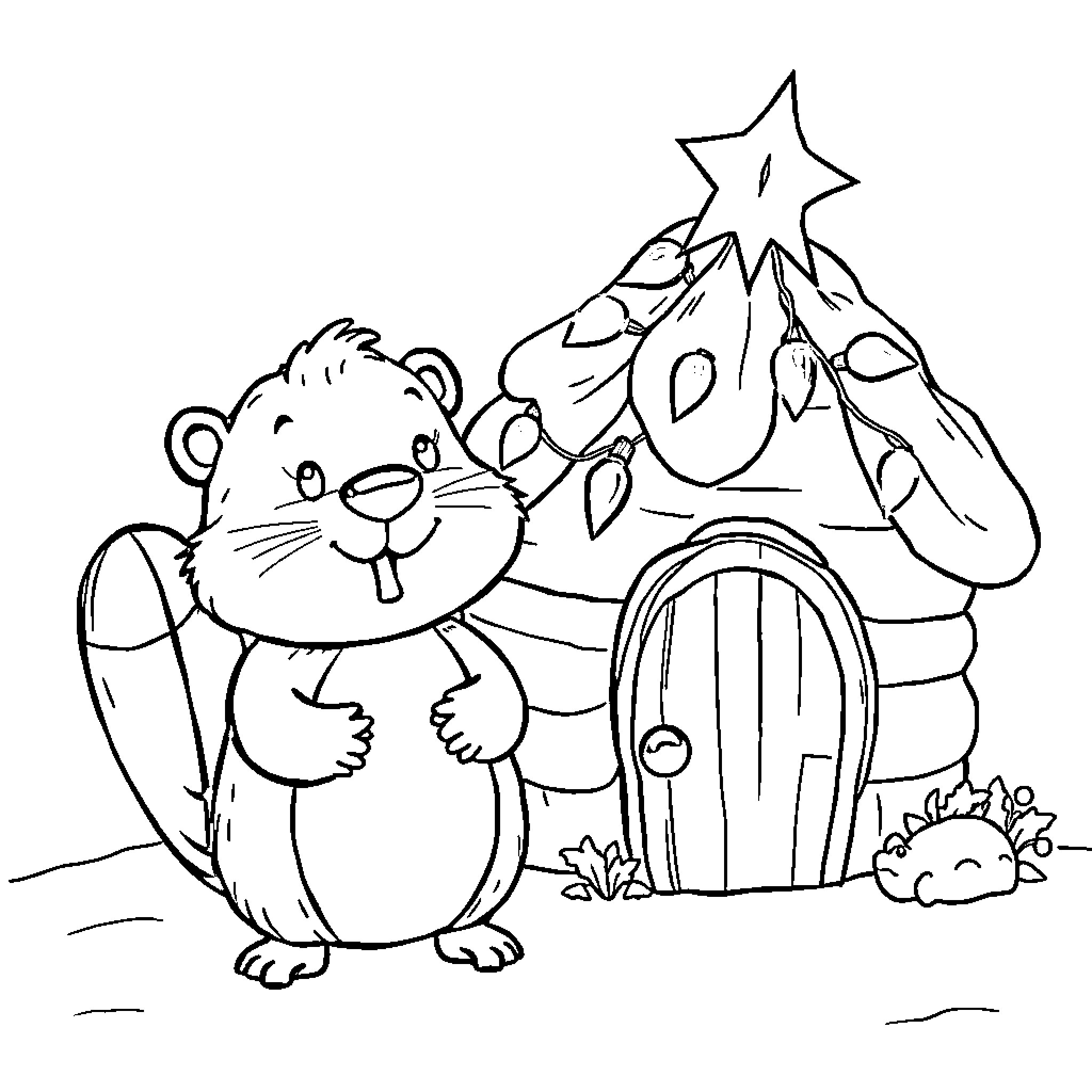 Beaver near festive Christmas tree house Coloring Page (free black-and-white line drawing printable PDF for all, from beginners to advanced learners, including children, teens, adults, and seniors)