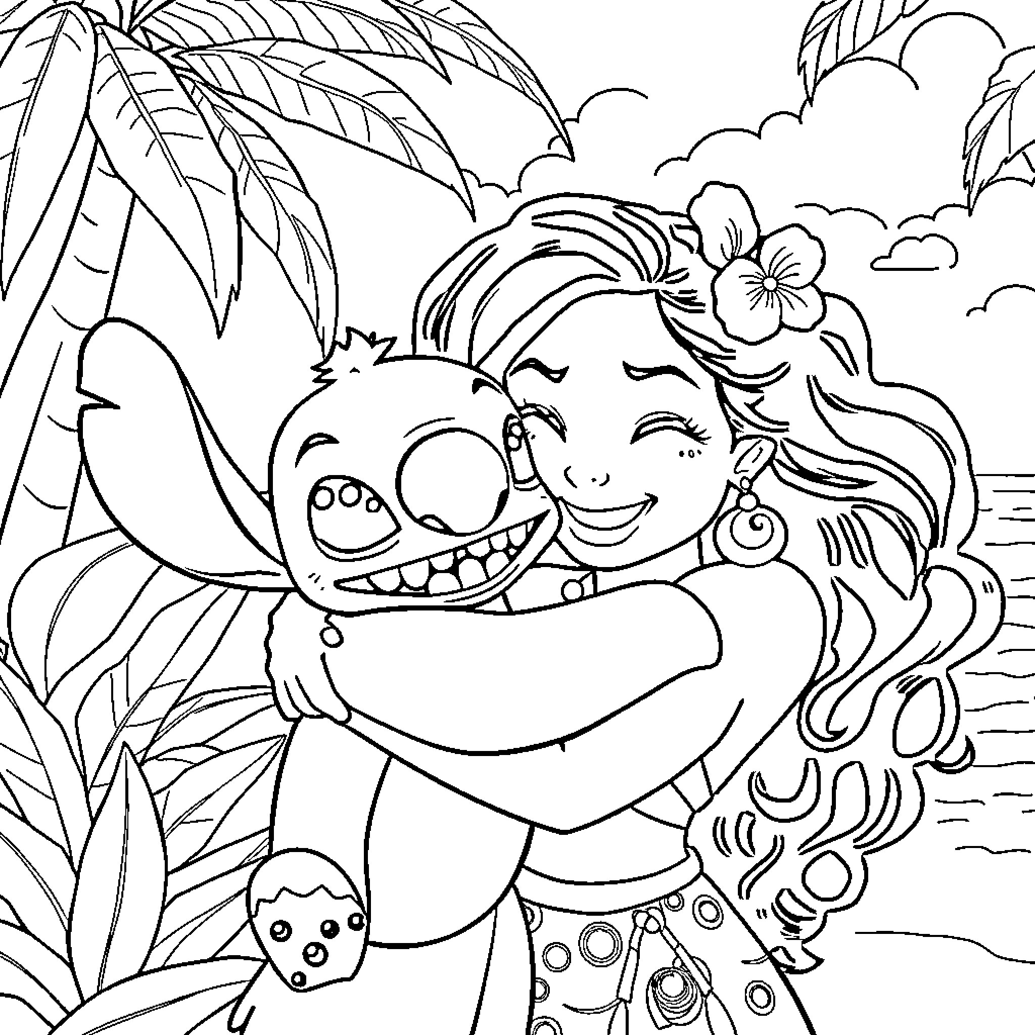 Moana embracing Pua in the tropical setting Coloring Page (free black-and-white line drawing printable PDF for all, from beginners to advanced learners, including children, teens, adults, and seniors)