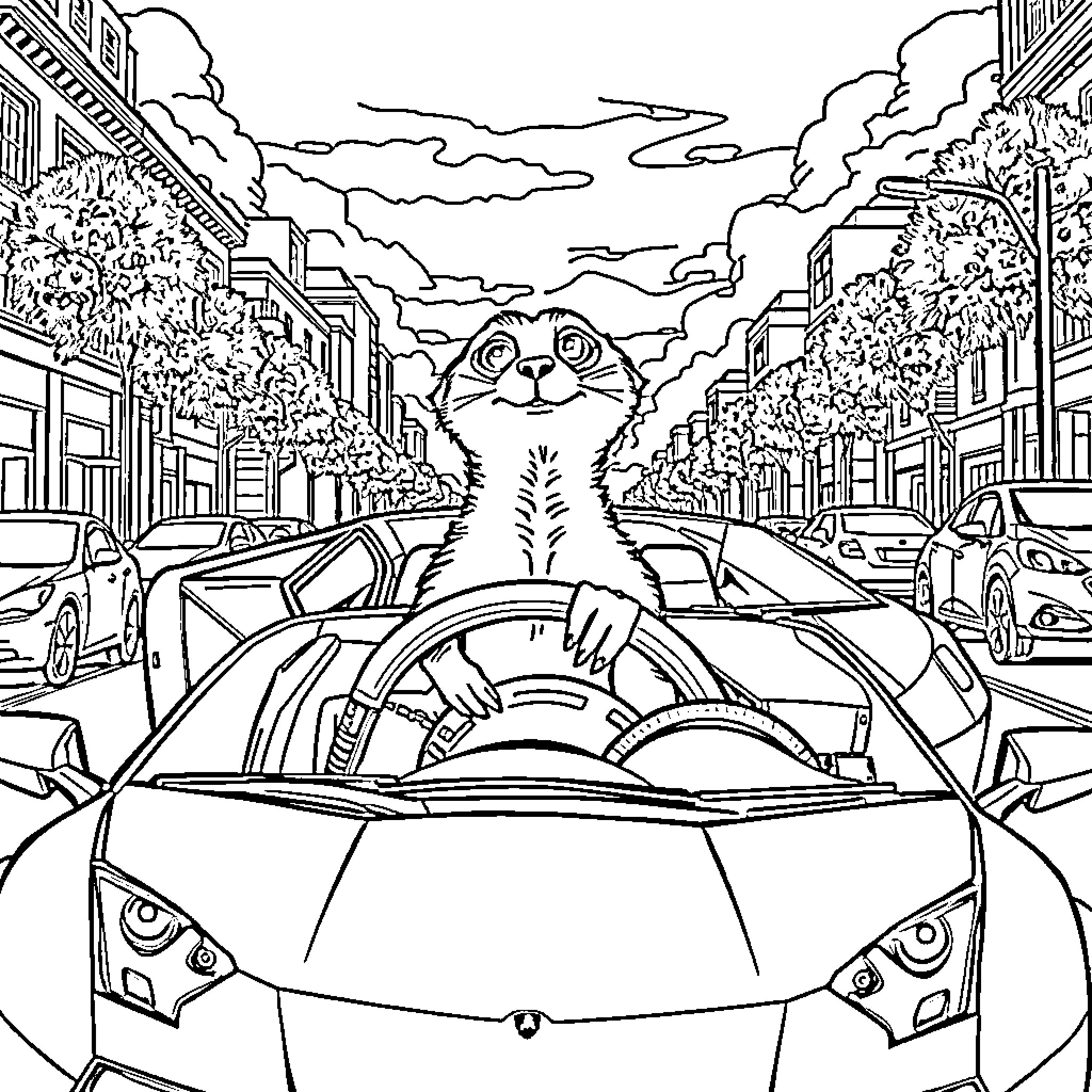 Meerkat driving sports car through busy city street Coloring Page (free black-and-white line drawing printable PDF for all, from beginners to advanced learners, including children, teens, adults, and seniors)