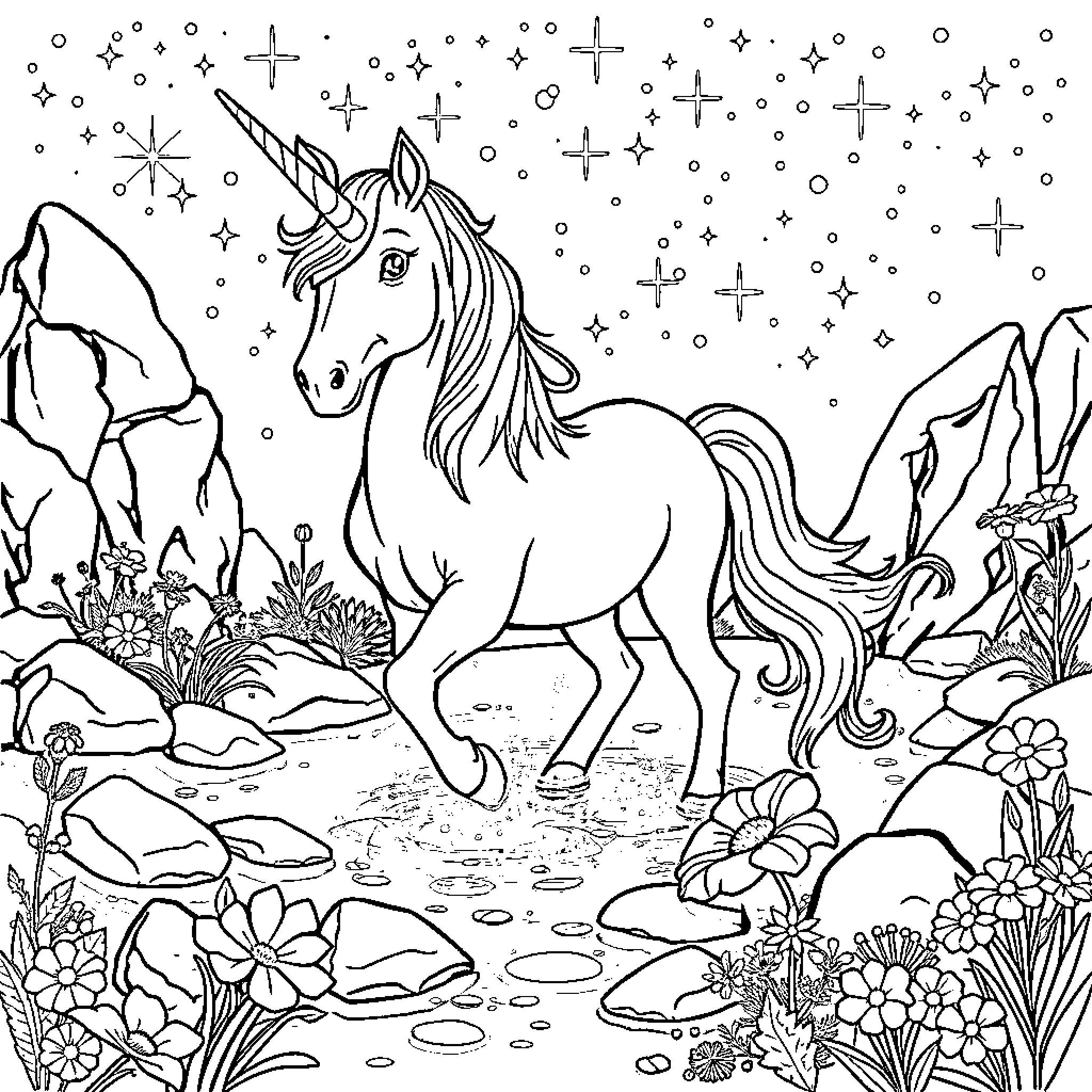 Unicorn standing amidst a magical, starry landscape Coloring Page (free black-and-white line drawing printable PDF for all, from beginners to advanced learners, including children, teens, adults, and seniors)