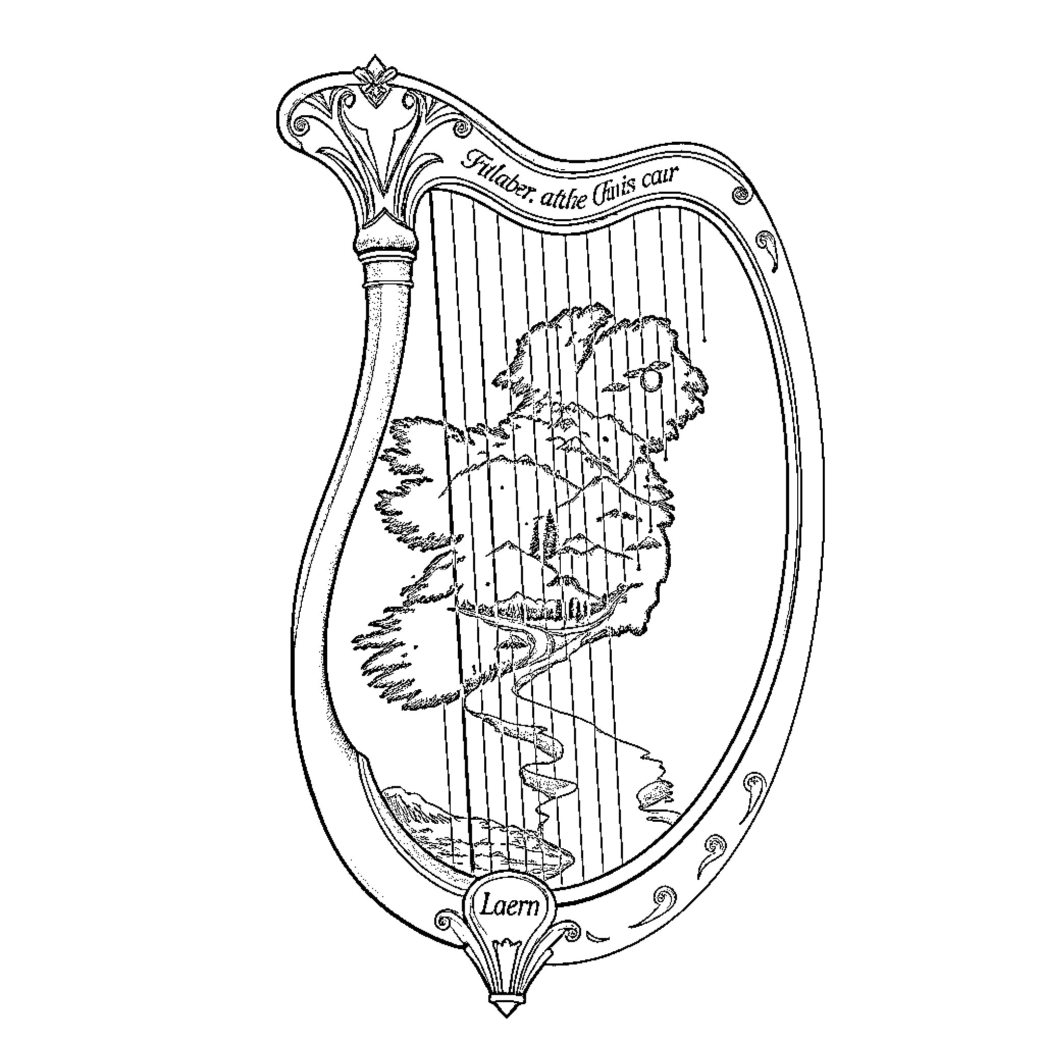 Harp with intricate design and landscape Coloring Page (free black-and-white line drawing printable PDF for all, from beginners to advanced learners, including children, teens, adults, and seniors)