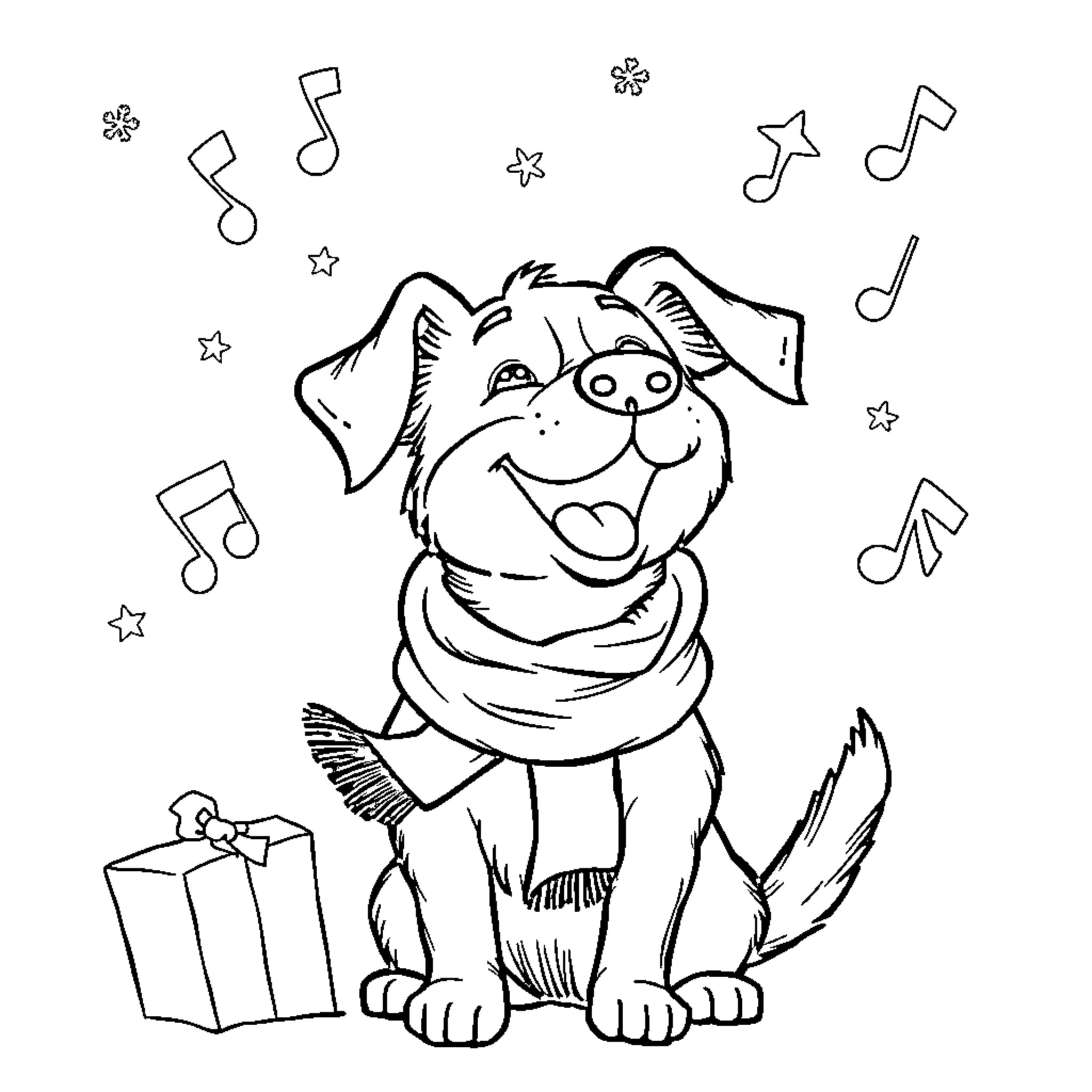 Dog happily playing with musical notes Coloring Page (free black-and-white line drawing printable PDF for all, from beginners to advanced learners, including children, teens, adults, and seniors)