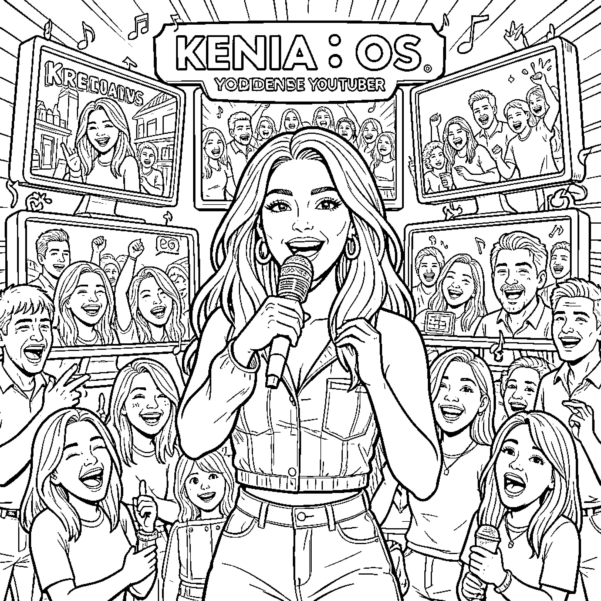 Kenia Os: Renowned Youtuber Surrounded by Fans Coloring Page (free black-and-white line drawing printable PDF for all, from beginners to advanced learners, including children, teens, adults, and seniors)
