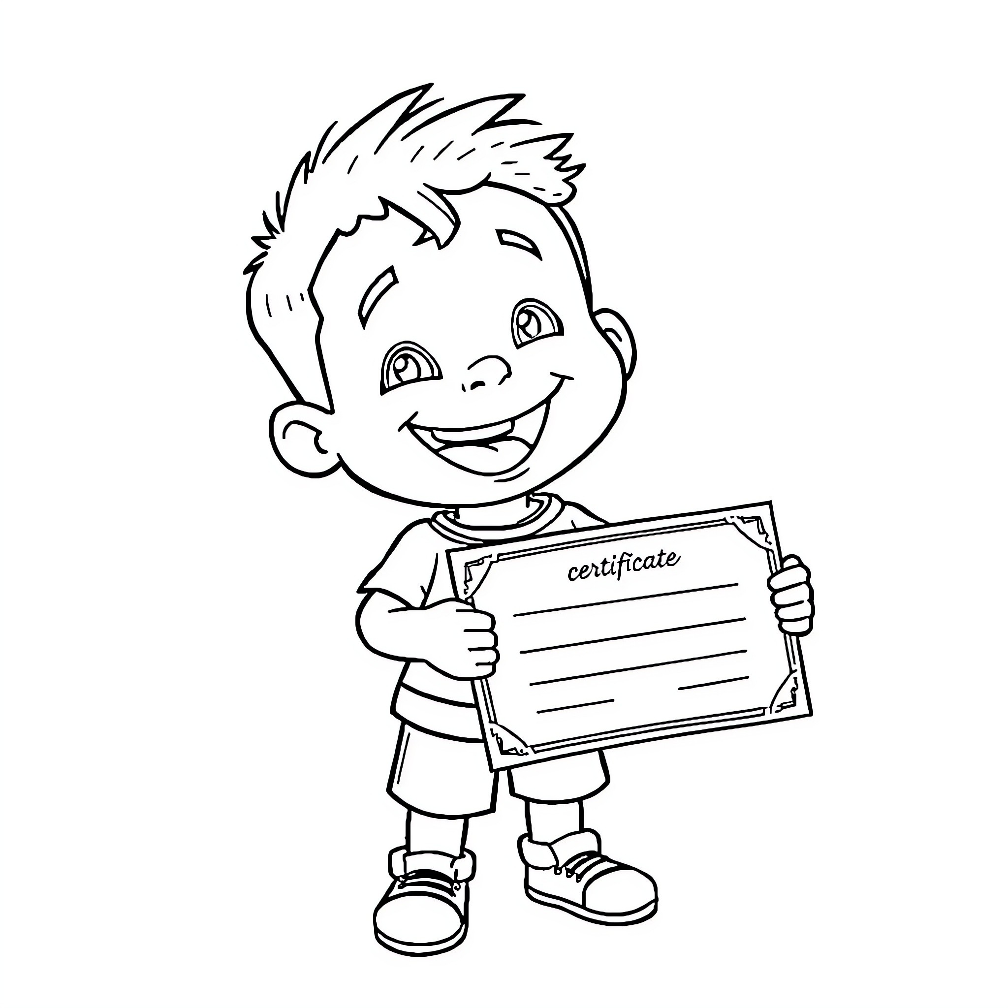 Child proudly holding certificate Coloring Page (free black-and-white line drawing printable PDF for all, from beginners to advanced learners, including children, teens, adults, and seniors)