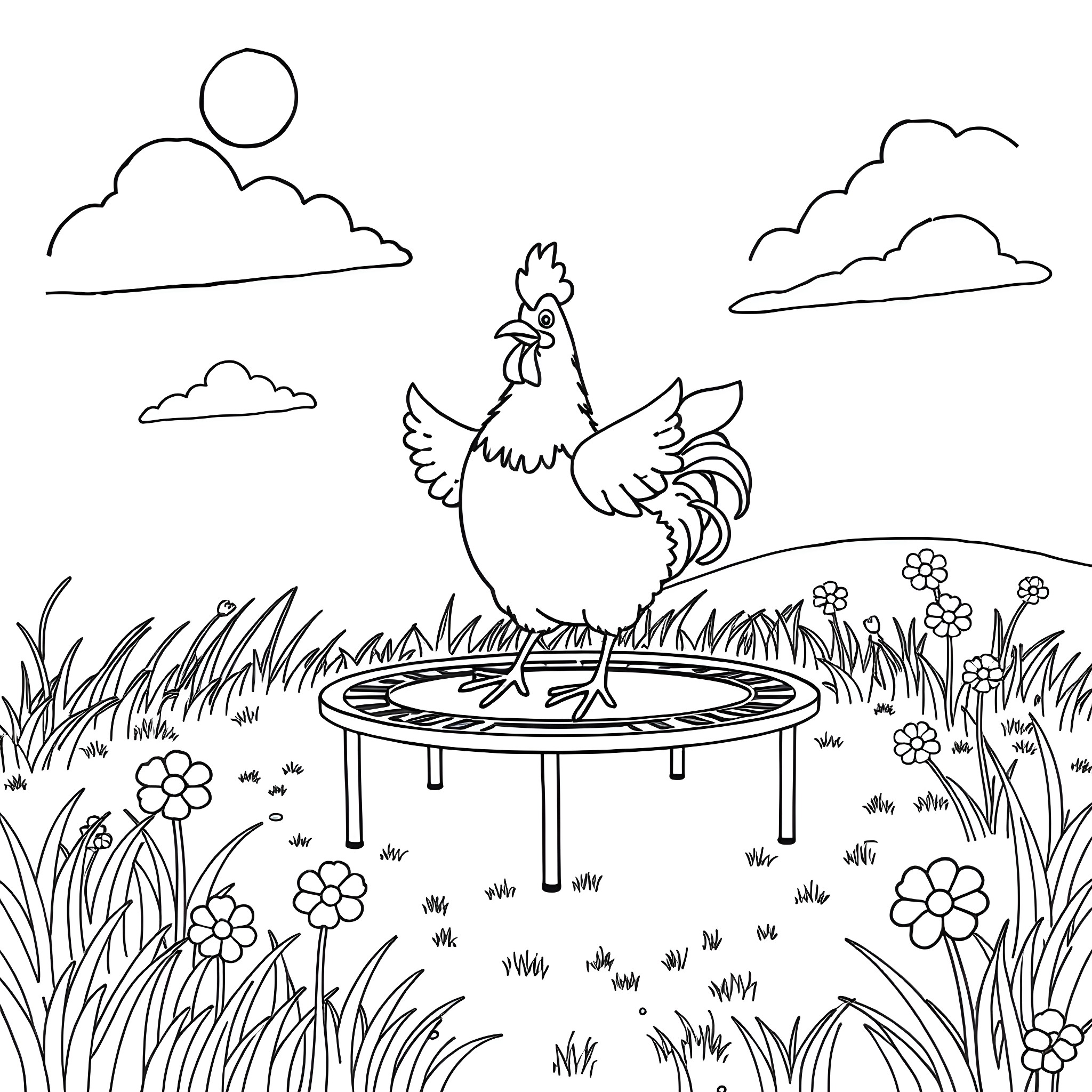 Chicken happily on a trampoline in the countryside Coloring Page (free black-and-white line drawing printable PDF for all, from beginners to advanced learners, including children, teens, adults, and seniors)