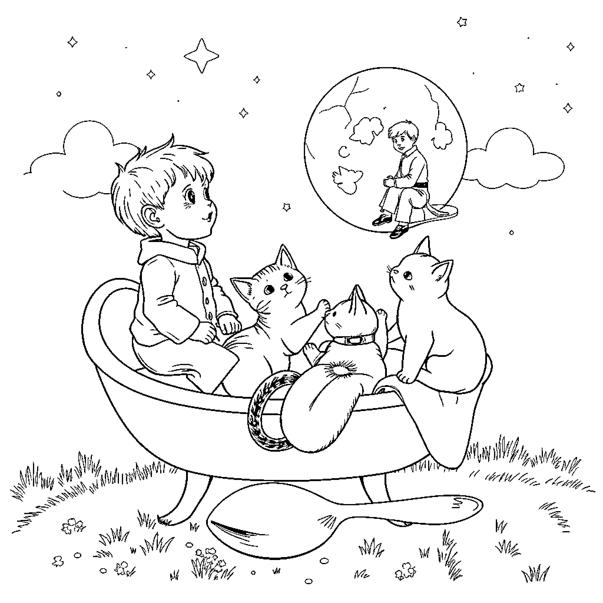 Cat and friends enjoying a moonlit night Coloring Page (free black-and-white line drawing printable PDF for all, from beginners to advanced learners, including children, teens, adults, and seniors)