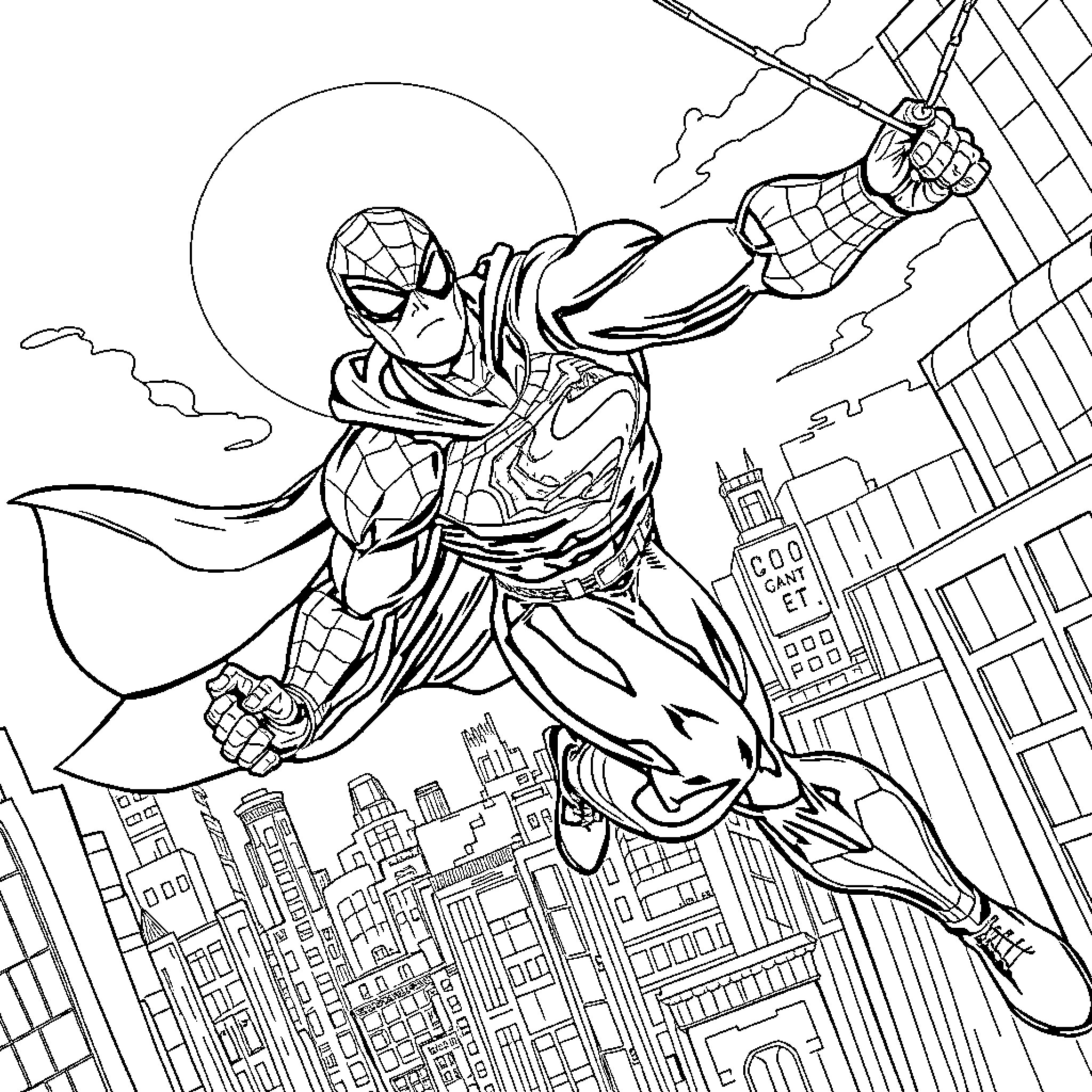 Superman saving the city from above Coloring Page (free black-and-white line drawing printable PDF for all, from beginners to advanced learners, including children, teens, adults, and seniors)