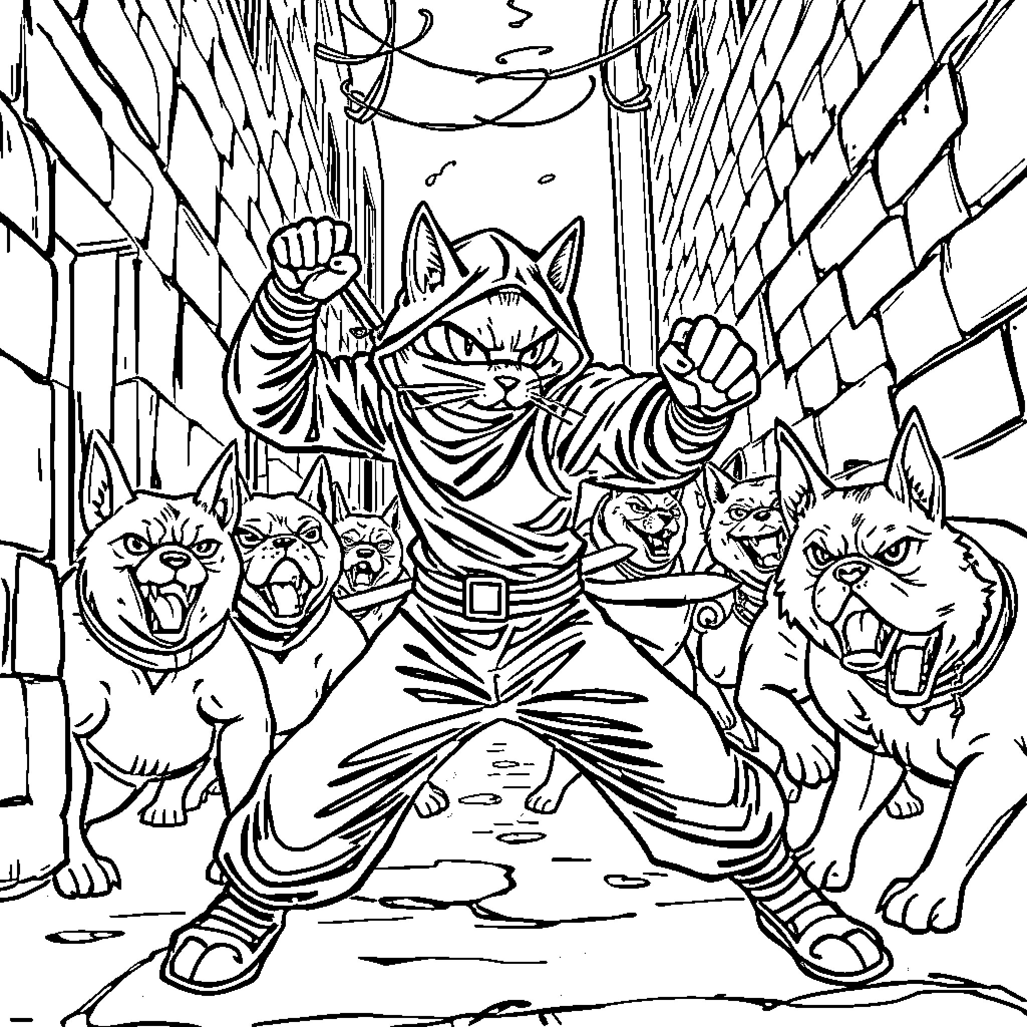 Cat Warrior Leading a Pack of Fierce Felines Coloring Page (free black-and-white line drawing printable PDF for all, from beginners to advanced learners, including children, teens, adults, and seniors)