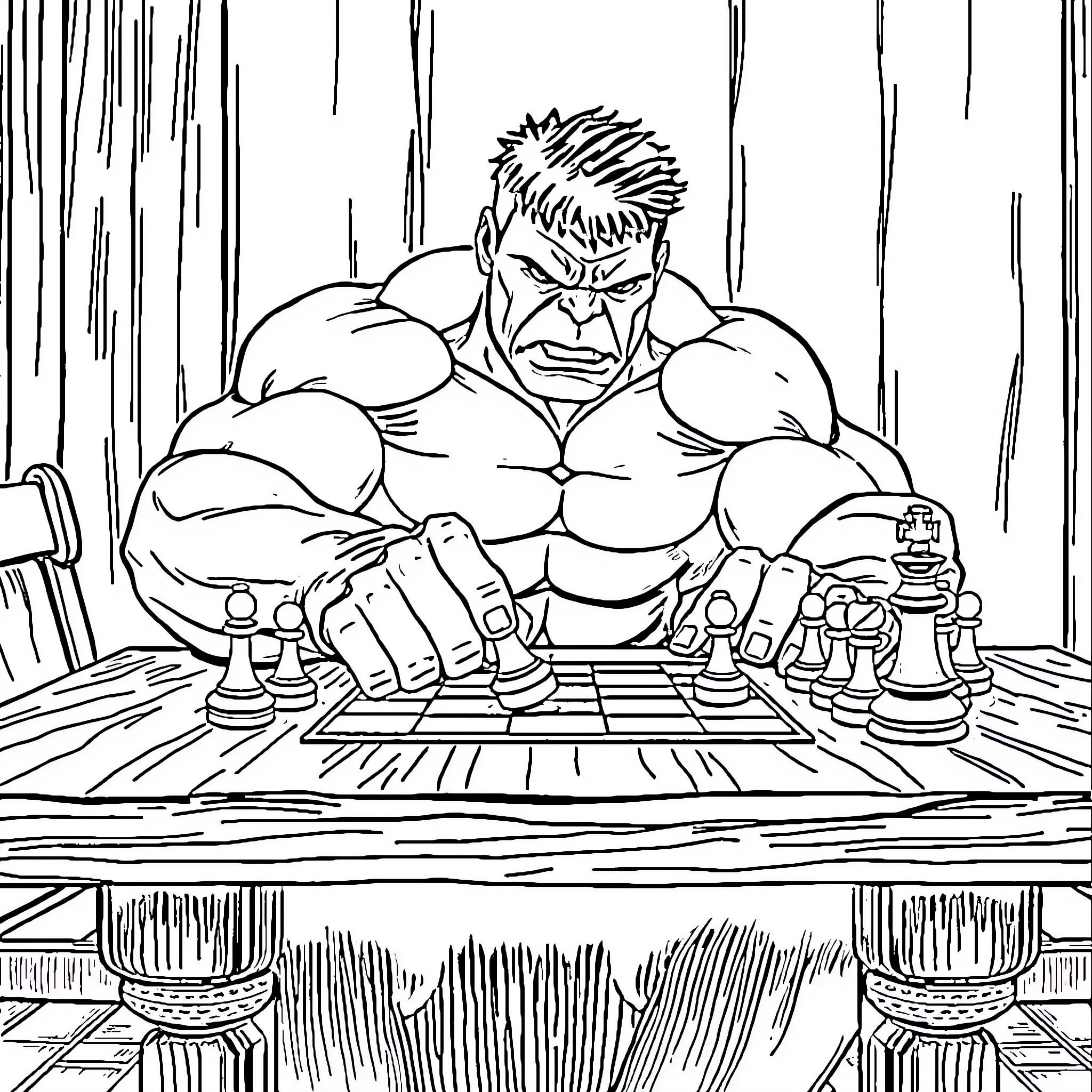Hulk Strategizing Chess Moves in Intense Focus Coloring Page (free black-and-white line drawing printable PDF for all, from beginners to advanced learners, including children, teens, adults, and seniors)