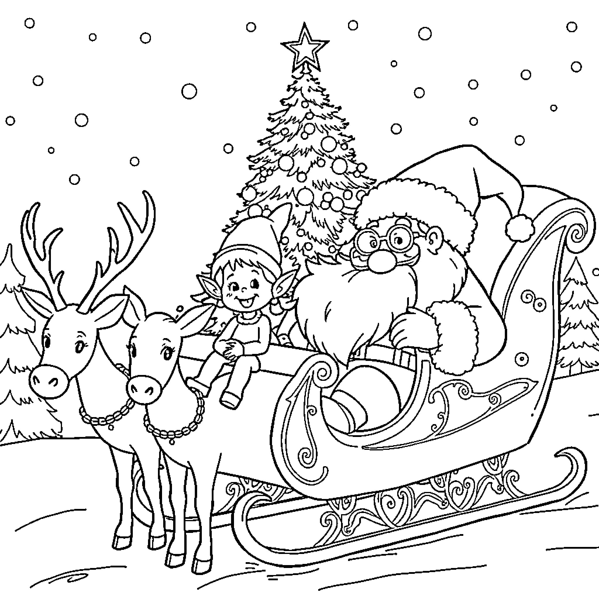 Elf Santa and reindeer in winter wonderland Coloring Page (free black-and-white line drawing printable PDF for all, from beginners to advanced learners, including children, teens, adults, and seniors)
