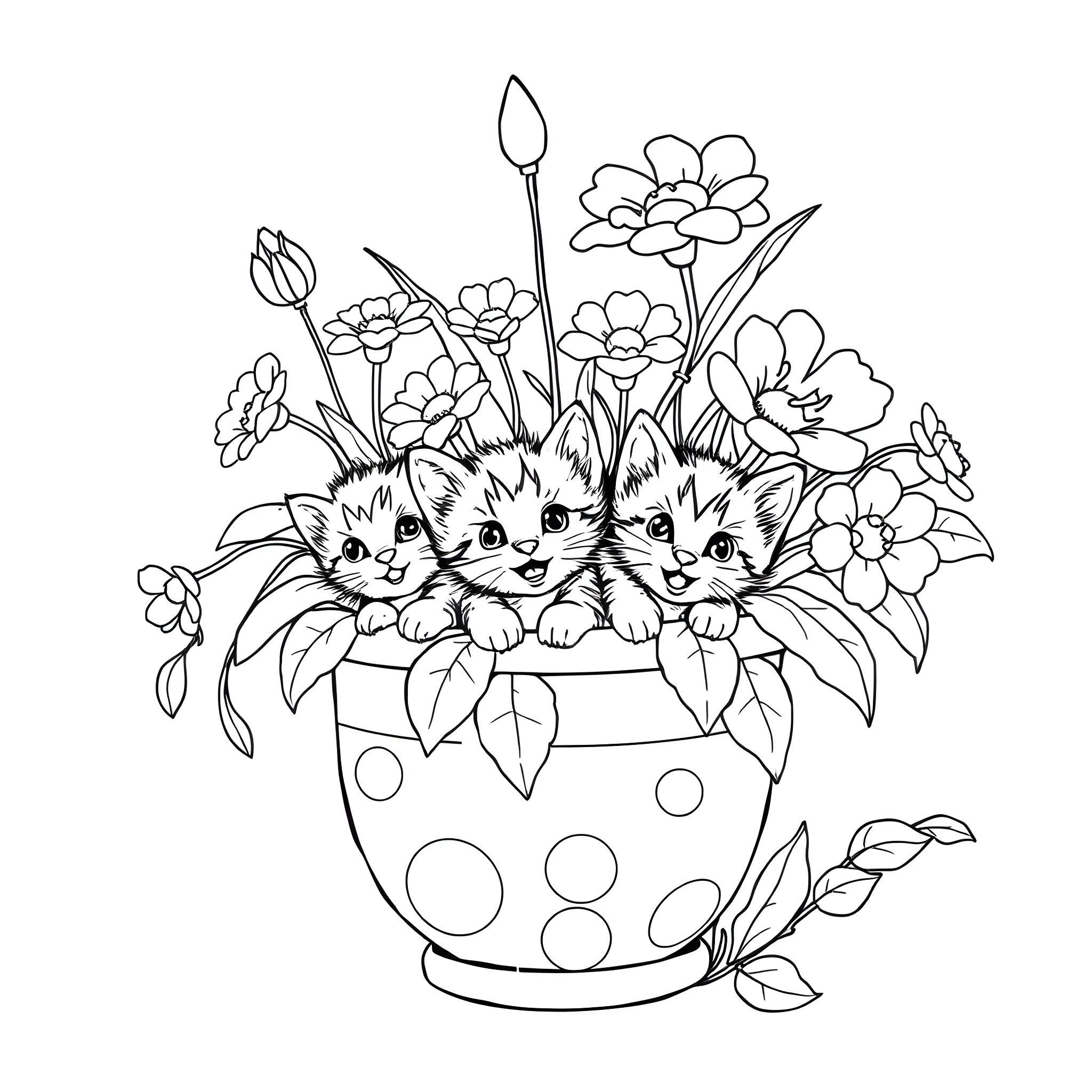 Kittens Peeking from Flowery Pot Coloring Page (free black-and-white line drawing printable PDF for all, from beginners to advanced learners, including children, teens, adults, and seniors)