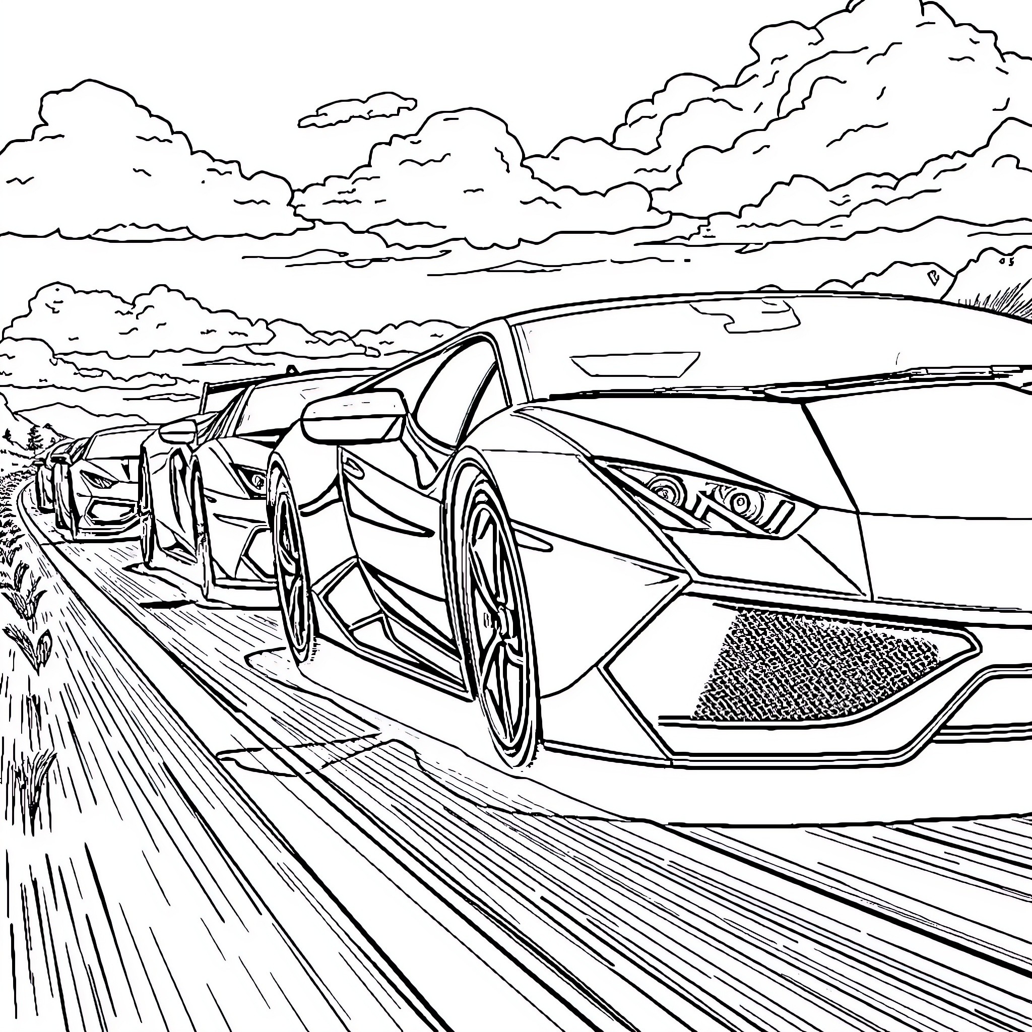 Voiture de Course speeding through a dramatic landscape Coloring Page (free black-and-white line drawing printable PDF for all, from beginners to advanced learners, including children, teens, adults, and seniors)
