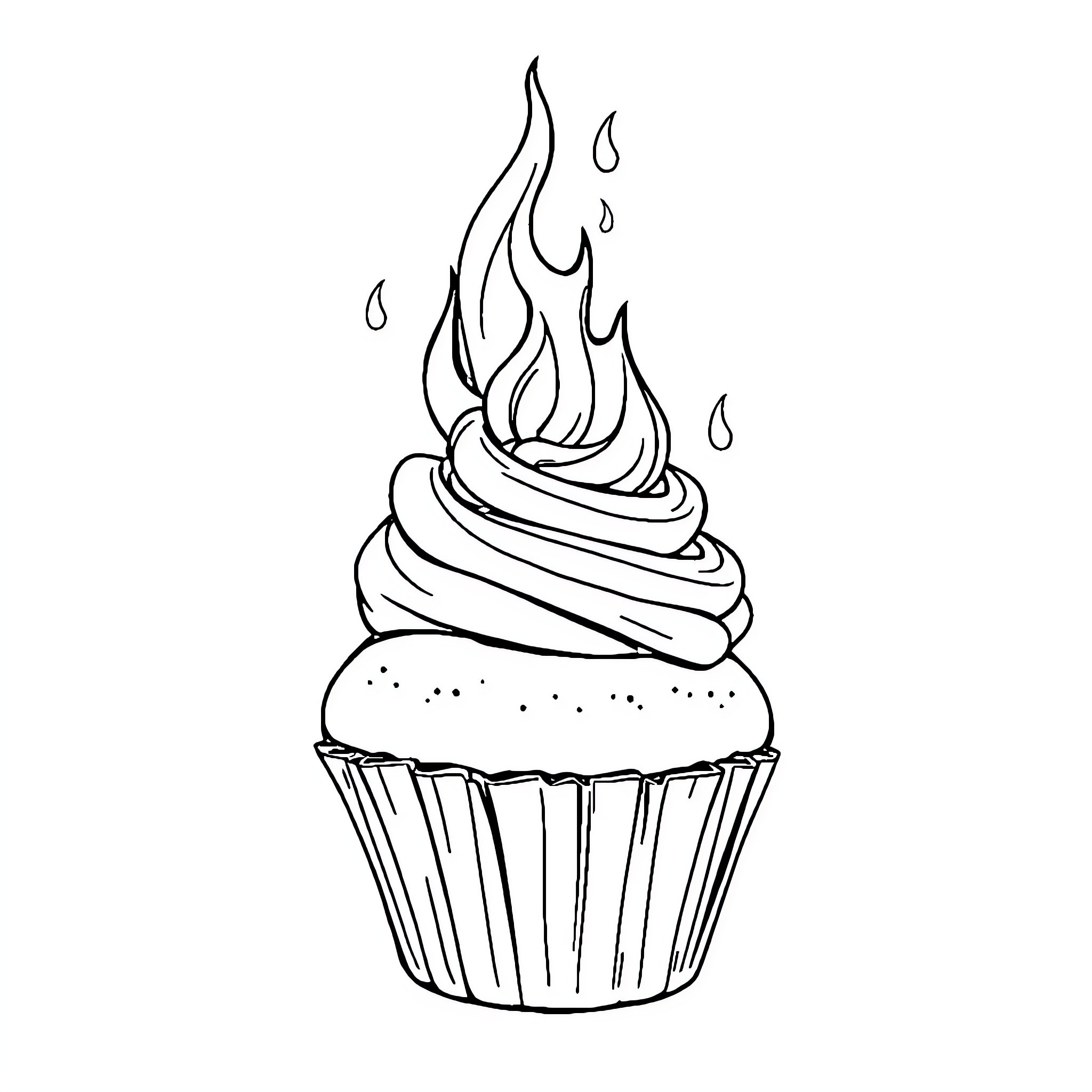 Cupcake with a flaming swirl Coloring Page (free black-and-white line drawing printable PDF for all, from beginners to advanced learners, including children, teens, adults, and seniors)
