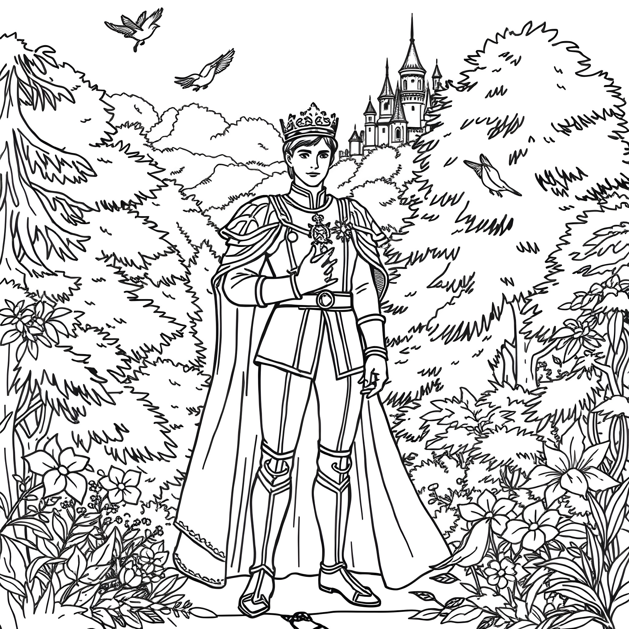 Prince in a Royal Castle Garden Coloring Page (free black-and-white line drawing printable PDF for all, from beginners to advanced learners, including children, teens, adults, and seniors)