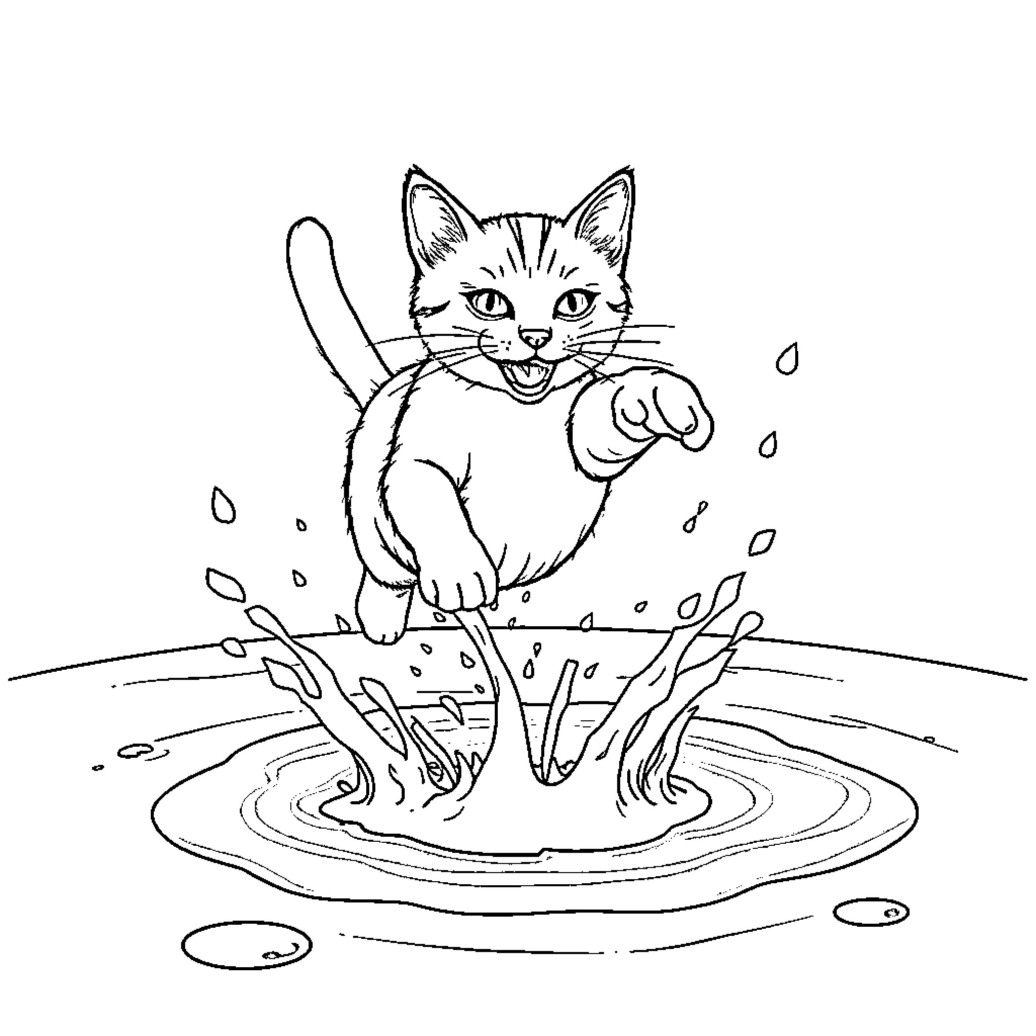 Cat splashing in puddle playfully Coloring Page (free black-and-white line drawing printable PDF for all, from beginners to advanced learners, including children, teens, adults, and seniors)