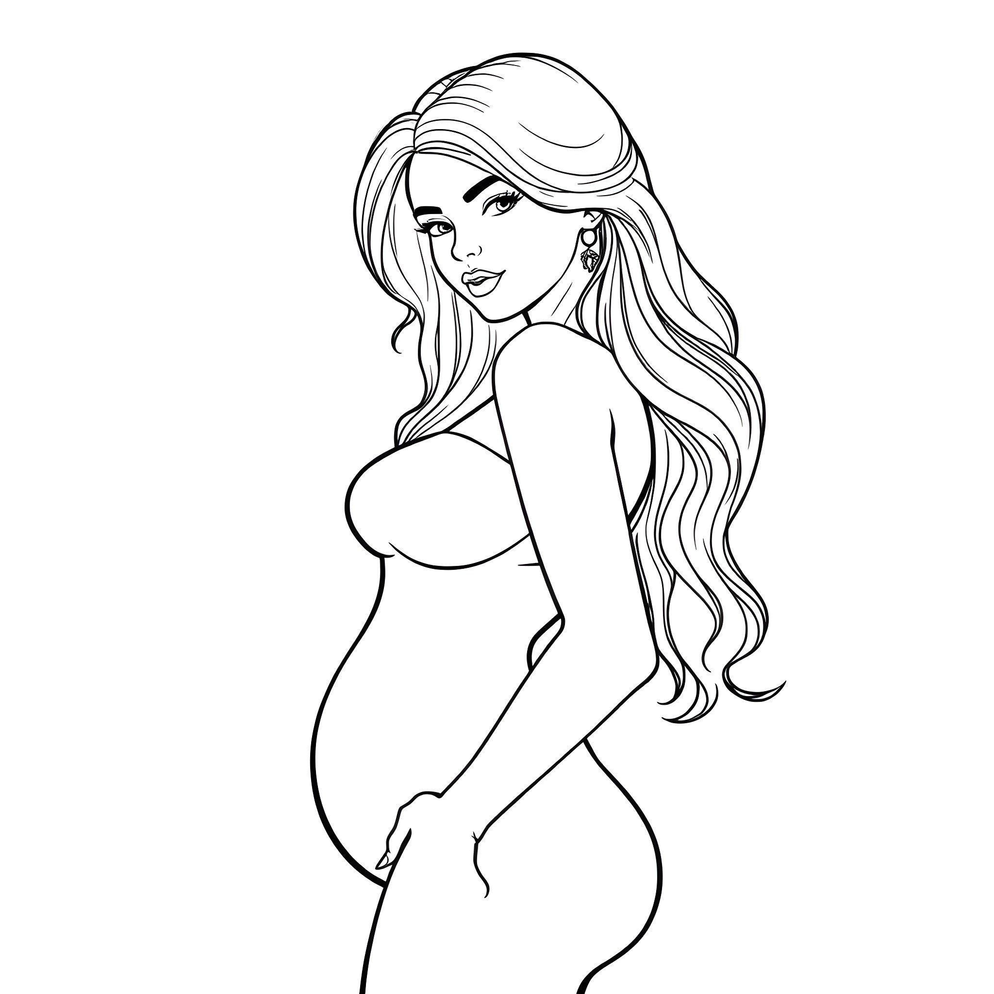 Woman with long flowing hair in profile view Coloring Page (free black-and-white line drawing printable PDF for all, from beginners to advanced learners, including children, teens, adults, and seniors)