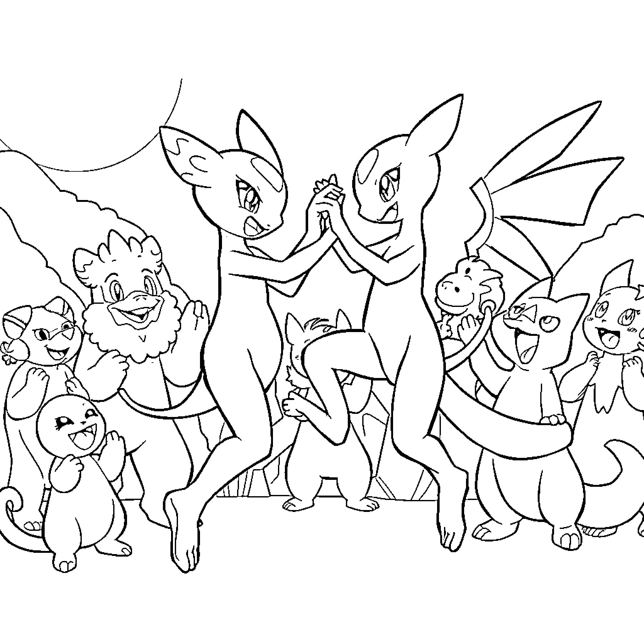 Mew Playful Pokemon Gathering Coloring Page (free black-and-white line drawing printable PDF for all, from beginners to advanced learners, including children, teens, adults, and seniors)