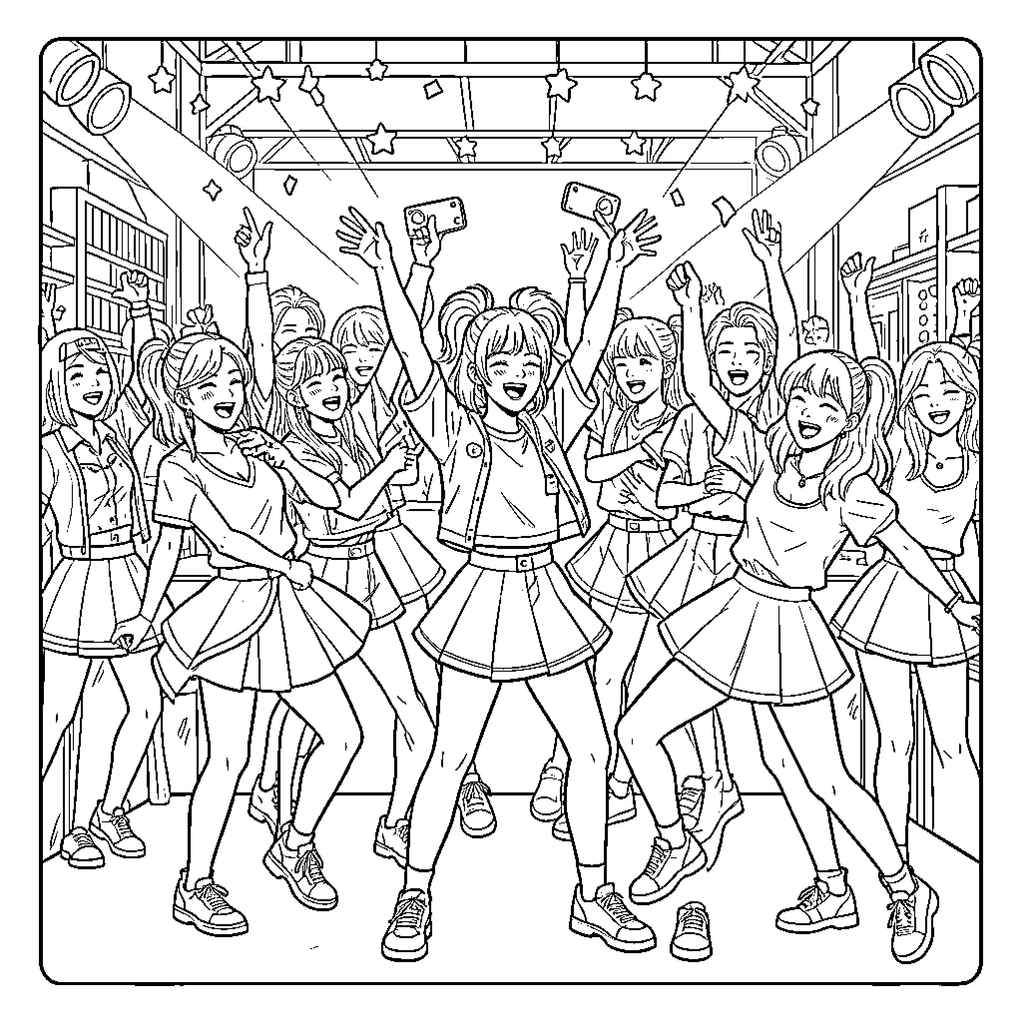 K Pop Group Performing with Energy and Joy Coloring Page (free black-and-white line drawing printable PDF for all, from beginners to advanced learners, including children, teens, adults, and seniors)