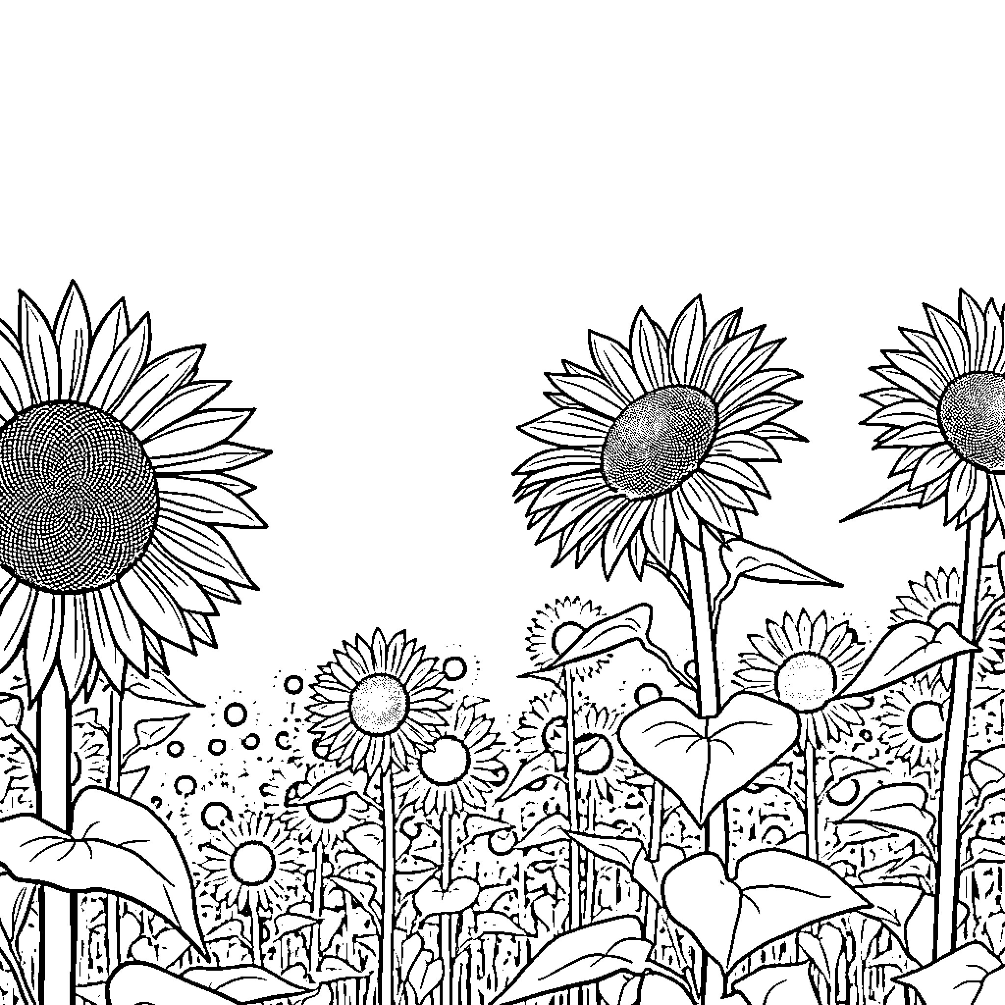 Sunflower garden in full bloom Coloring Page (free black-and-white line drawing printable PDF for all, from beginners to advanced learners, including children, teens, adults, and seniors)