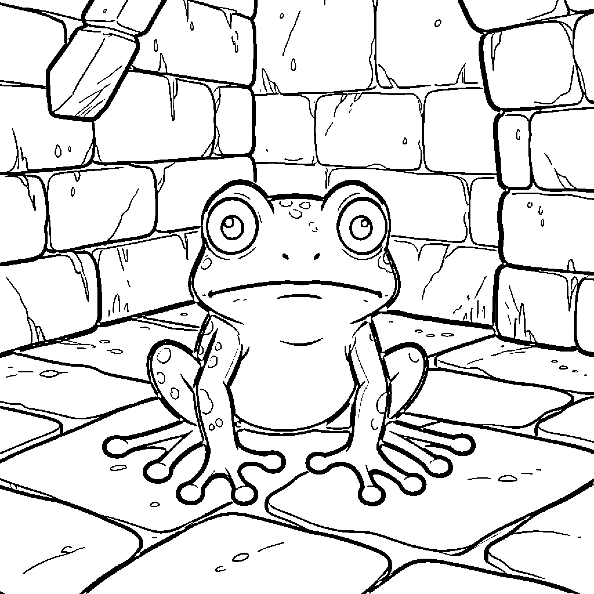 Tree Frog Contemplating on Wet Stones Coloring Page (free black-and-white line drawing printable PDF for all, from beginners to advanced learners, including children, teens, adults, and seniors)