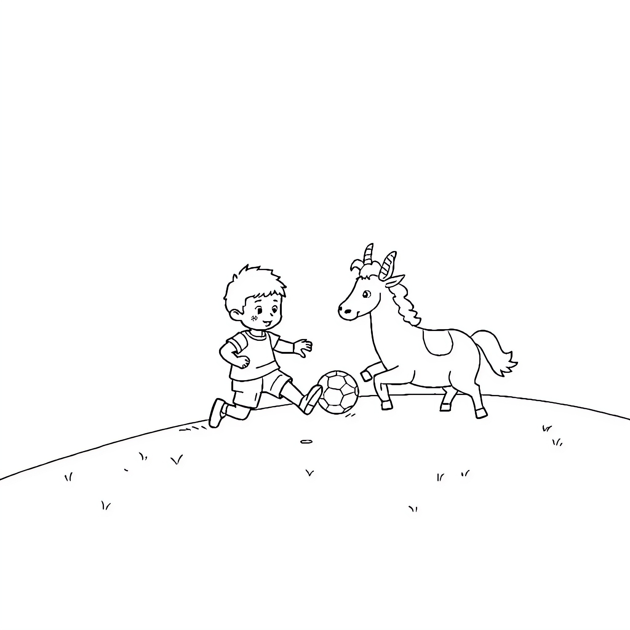 Tchoupi playing soccer with a unicorn Coloring Page (free black-and-white line drawing printable PDF for all, from beginners to advanced learners, including children, teens, adults, and seniors)