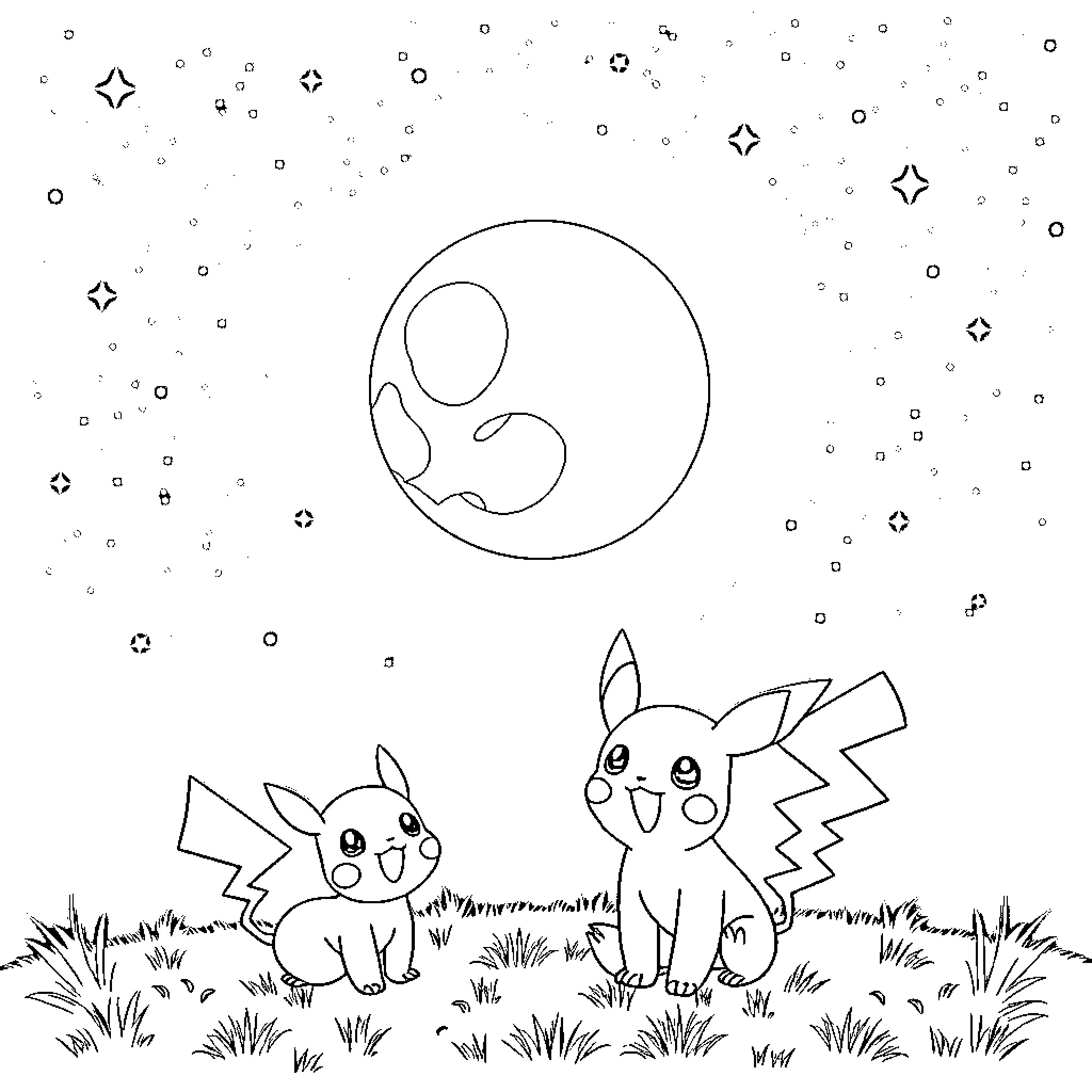 Pokémon characters playing under the stars Coloring Page (free black-and-white line drawing printable PDF for all, from beginners to advanced learners, including children, teens, adults, and seniors)