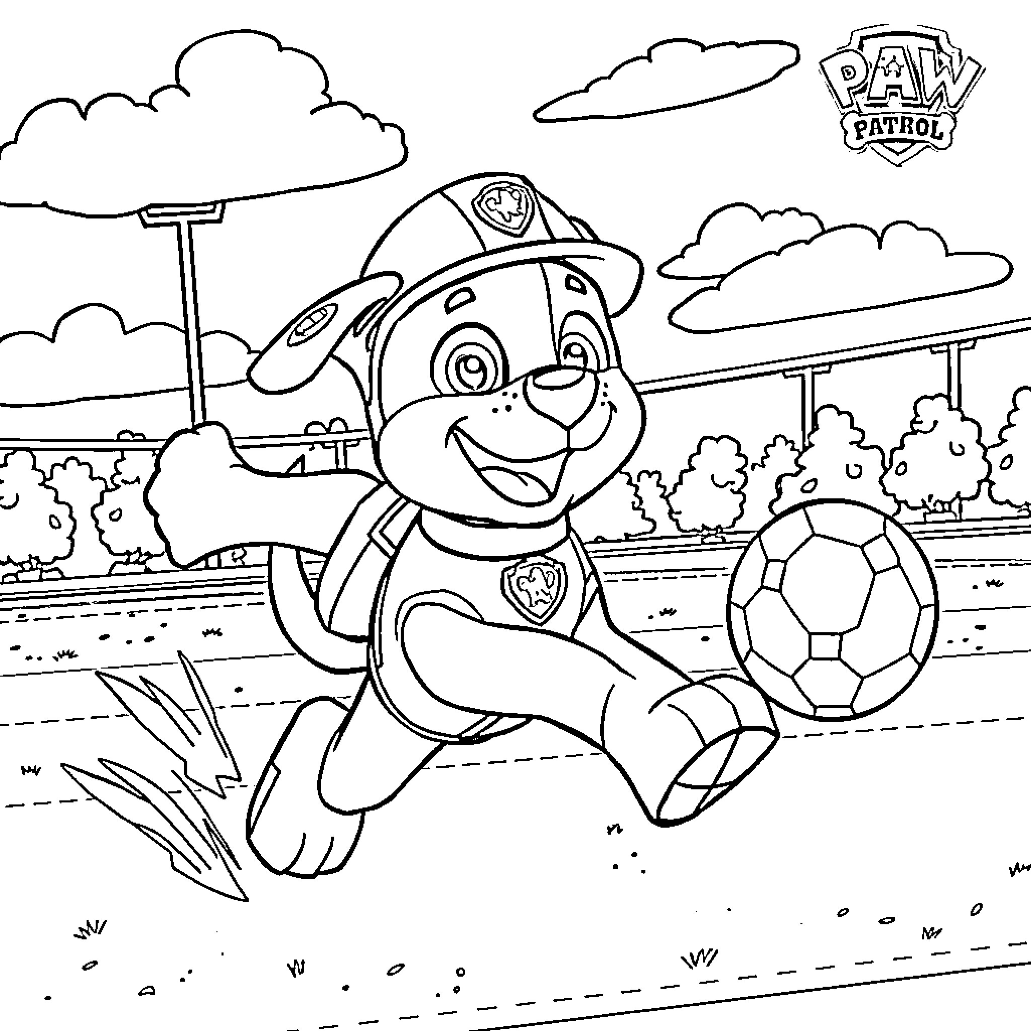 Rocky Paw Patrol pup playing with soccer ball Coloring Page (free black-and-white line drawing printable PDF for all, from beginners to advanced learners, including children, teens, adults, and seniors)