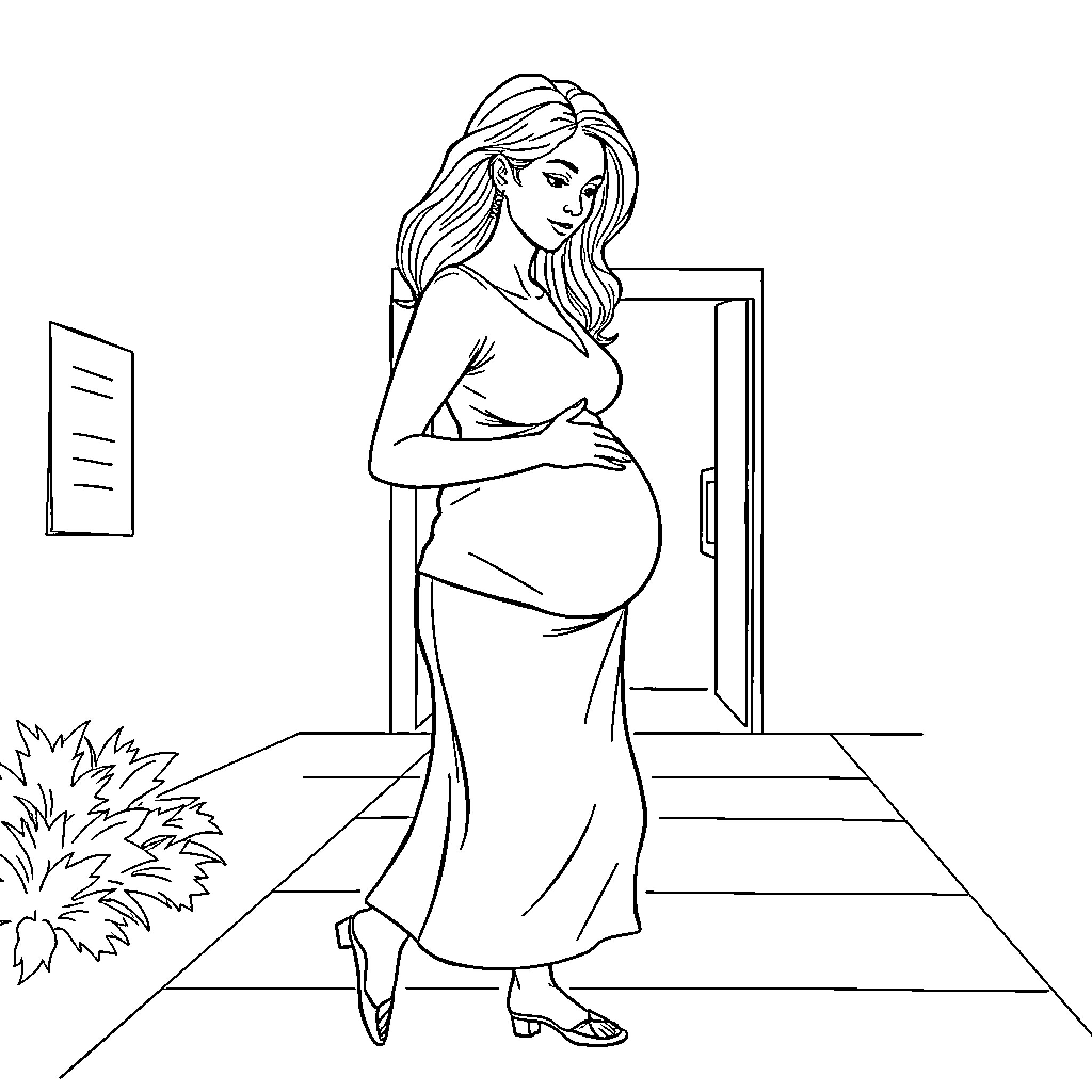 Pregnant Woman Enjoying Peaceful Solitude Coloring Page (free black-and-white line drawing printable PDF for all, from beginners to advanced learners, including children, teens, adults, and seniors)