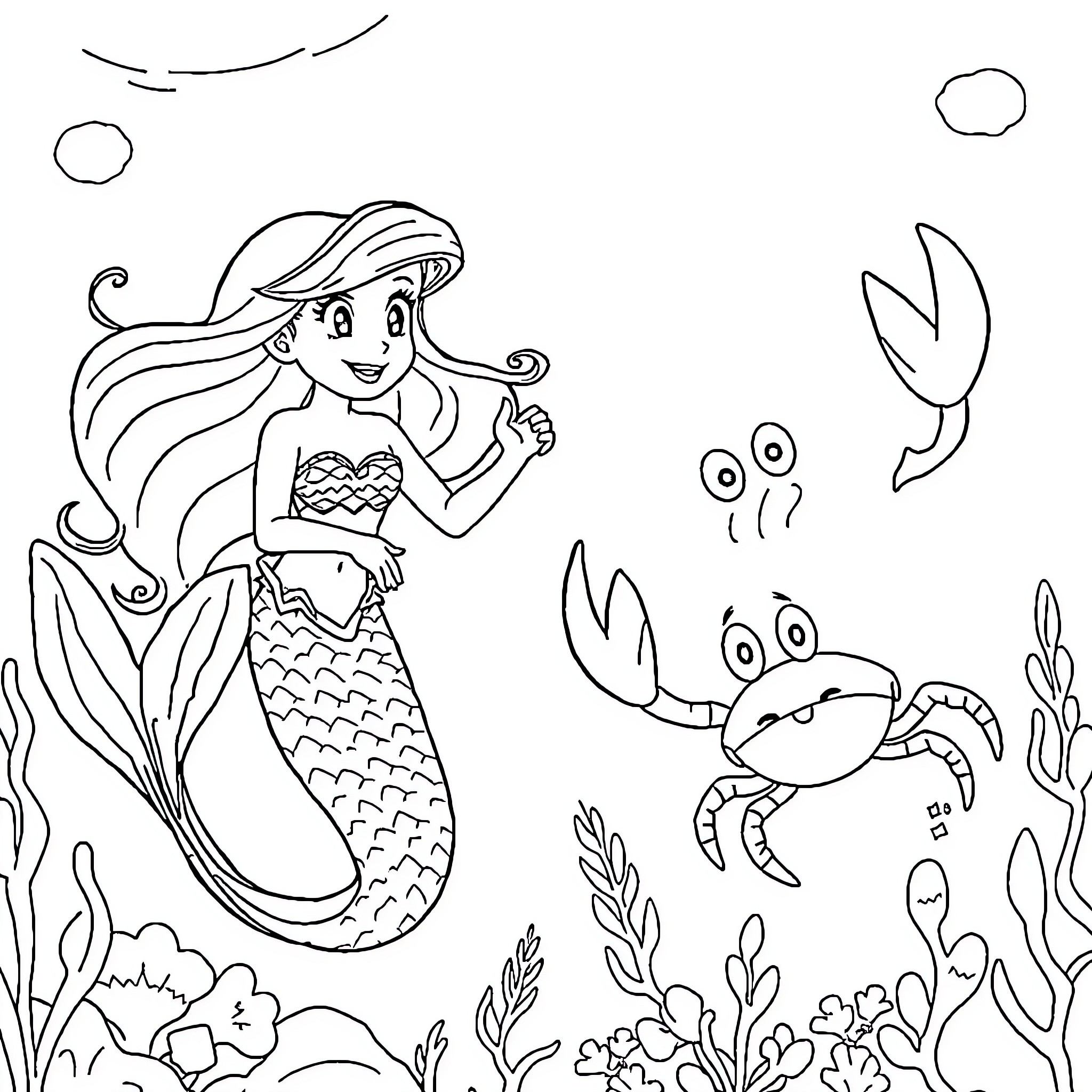 Arielle's underwater adventure with sea creatures Coloring Page (free black-and-white line drawing printable PDF for all, from beginners to advanced learners, including children, teens, adults, and seniors)
