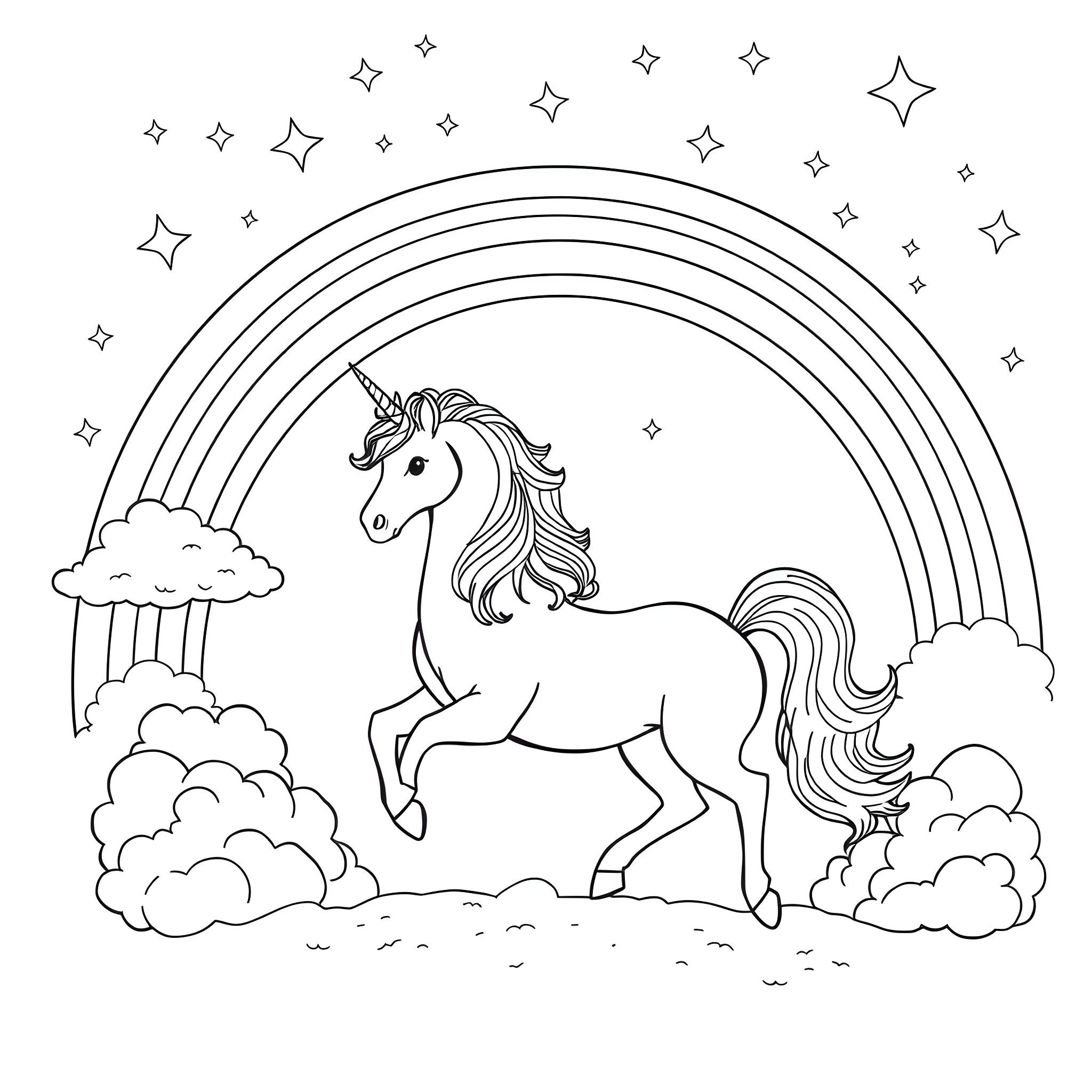 Unicorn standing among clouds and rainbows Coloring Page (free black-and-white line drawing printable PDF for all, from beginners to advanced learners, including children, teens, adults, and seniors)