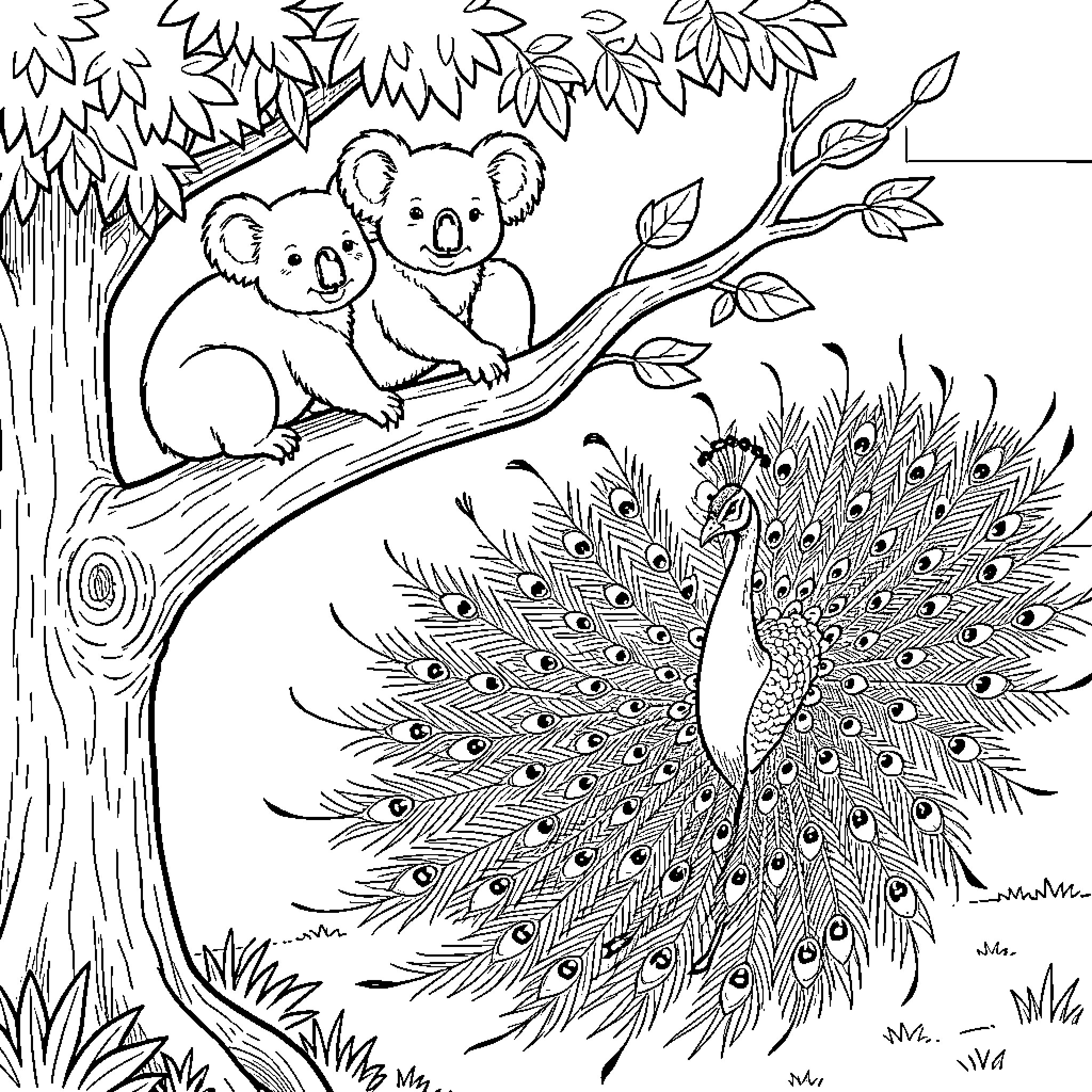 Koala pair sitting on a tree branch watching a peacock Coloring Page (free black-and-white line drawing printable PDF for all, from beginners to advanced learners, including children, teens, adults, and seniors)