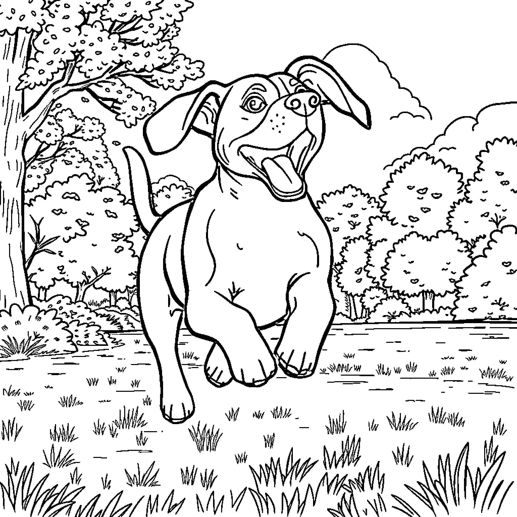 Beagle playing happily in the forest Coloring Page (free black-and-white line drawing printable PDF for all, from beginners to advanced learners, including children, teens, adults, and seniors)