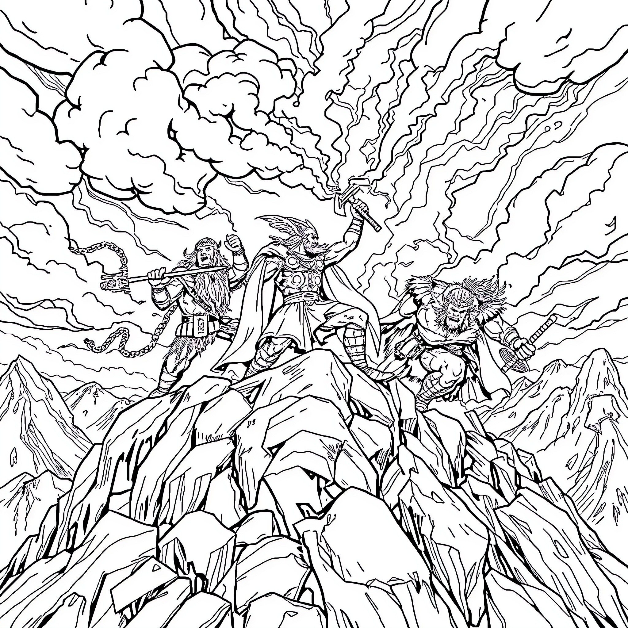 Thor's epic battle against fierce foes on rugged terrain Coloring Page (free black-and-white line drawing printable PDF for all, from beginners to advanced learners, including children, teens, adults, and seniors)