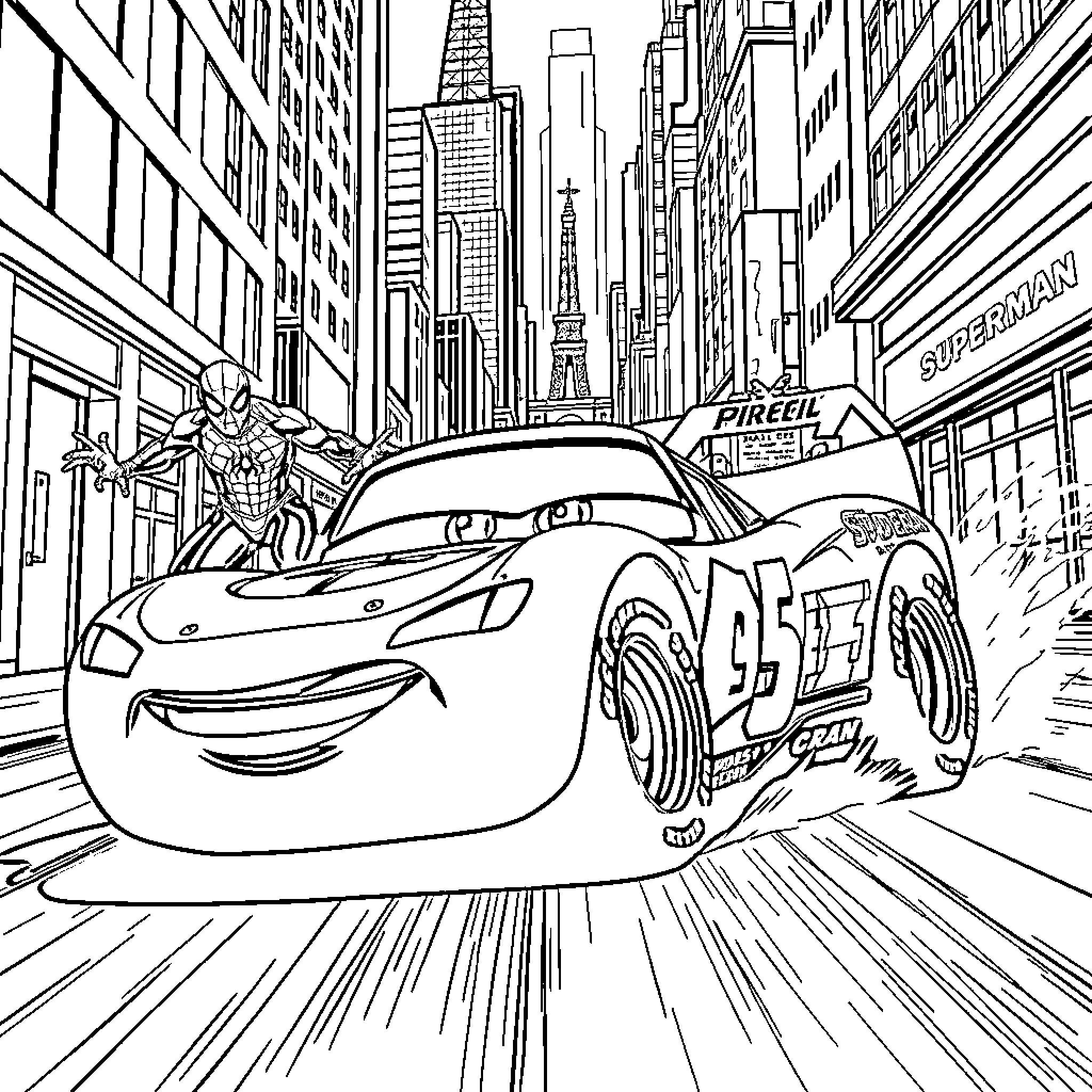 Rayo McQueen races through the busy city streets Coloring Page (free black-and-white line drawing printable PDF for all, from beginners to advanced learners, including children, teens, adults, and seniors)