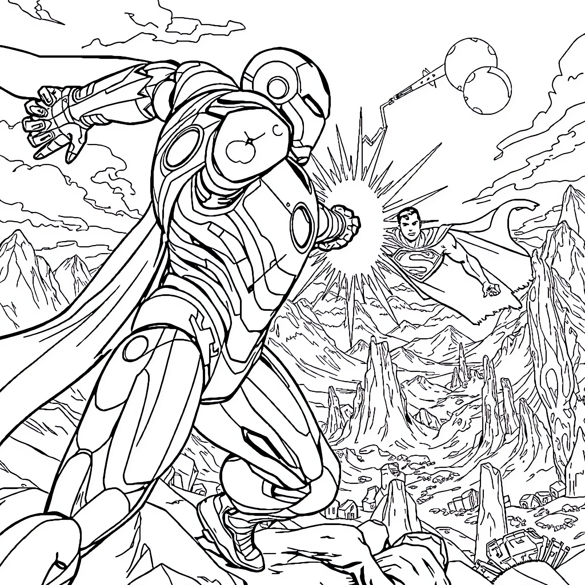 Ironman battling against a powerful foe in a dramatic landscape Coloring Page (free black-and-white line drawing printable PDF for all, from beginners to advanced learners, including children, teens, adults, and seniors)