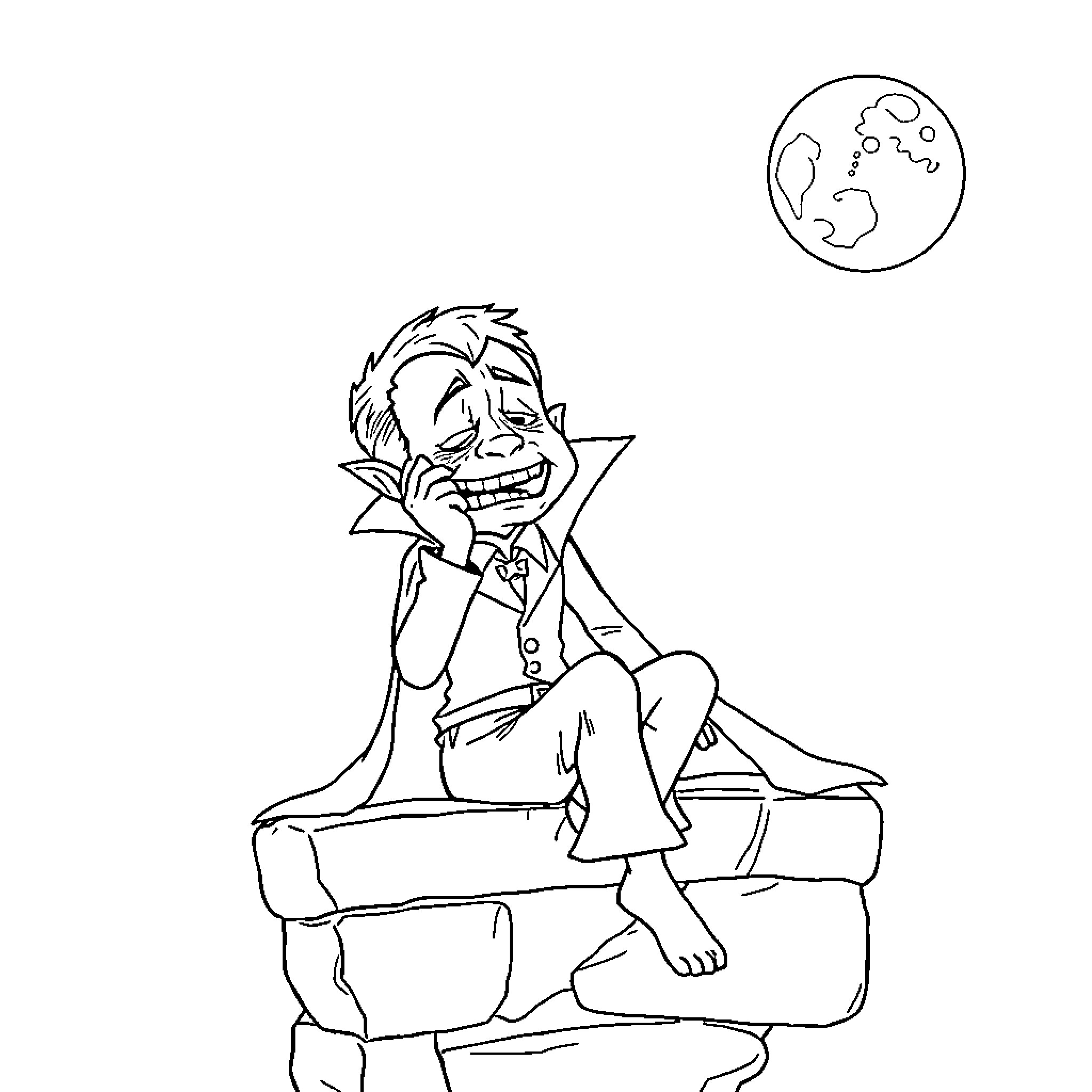 Vampire lounging in armchair under moonlight Coloring Page (free black-and-white line drawing printable PDF for all, from beginners to advanced learners, including children, teens, adults, and seniors)