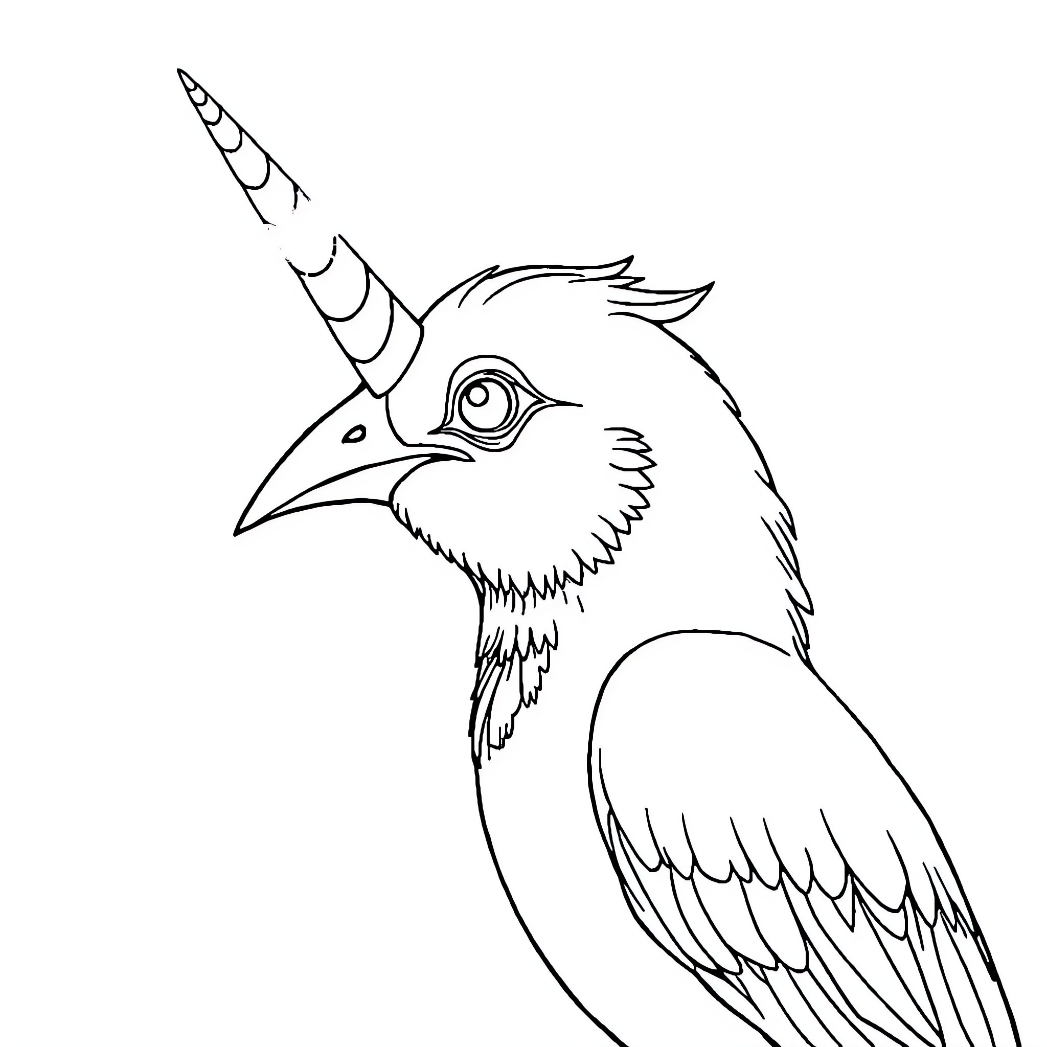 Unicorn-like bird with unique horn and features Coloring Page (free black-and-white line drawing printable PDF for all, from beginners to advanced learners, including children, teens, adults, and seniors)