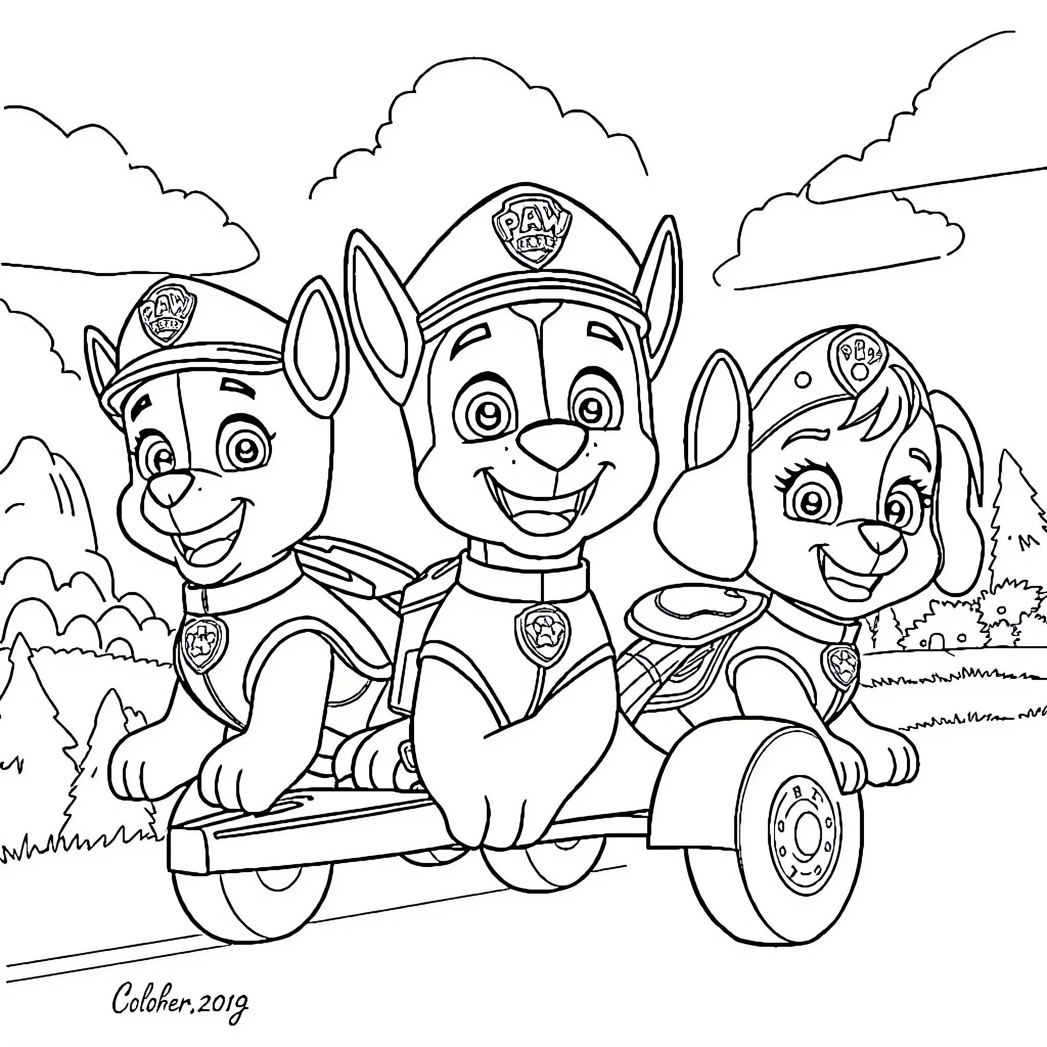 Paw Patrol Pups on Rescue Mission Coloring Page (free black-and-white line drawing printable PDF for all, from beginners to advanced learners, including children, teens, adults, and seniors)