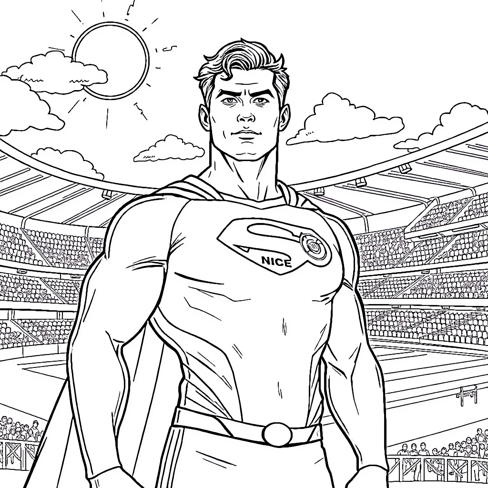Superman's Nice Heroic Stance in Cloudy Stadium Coloring Page (free black-and-white line drawing printable PDF for all, from beginners to advanced learners, including children, teens, adults, and seniors)