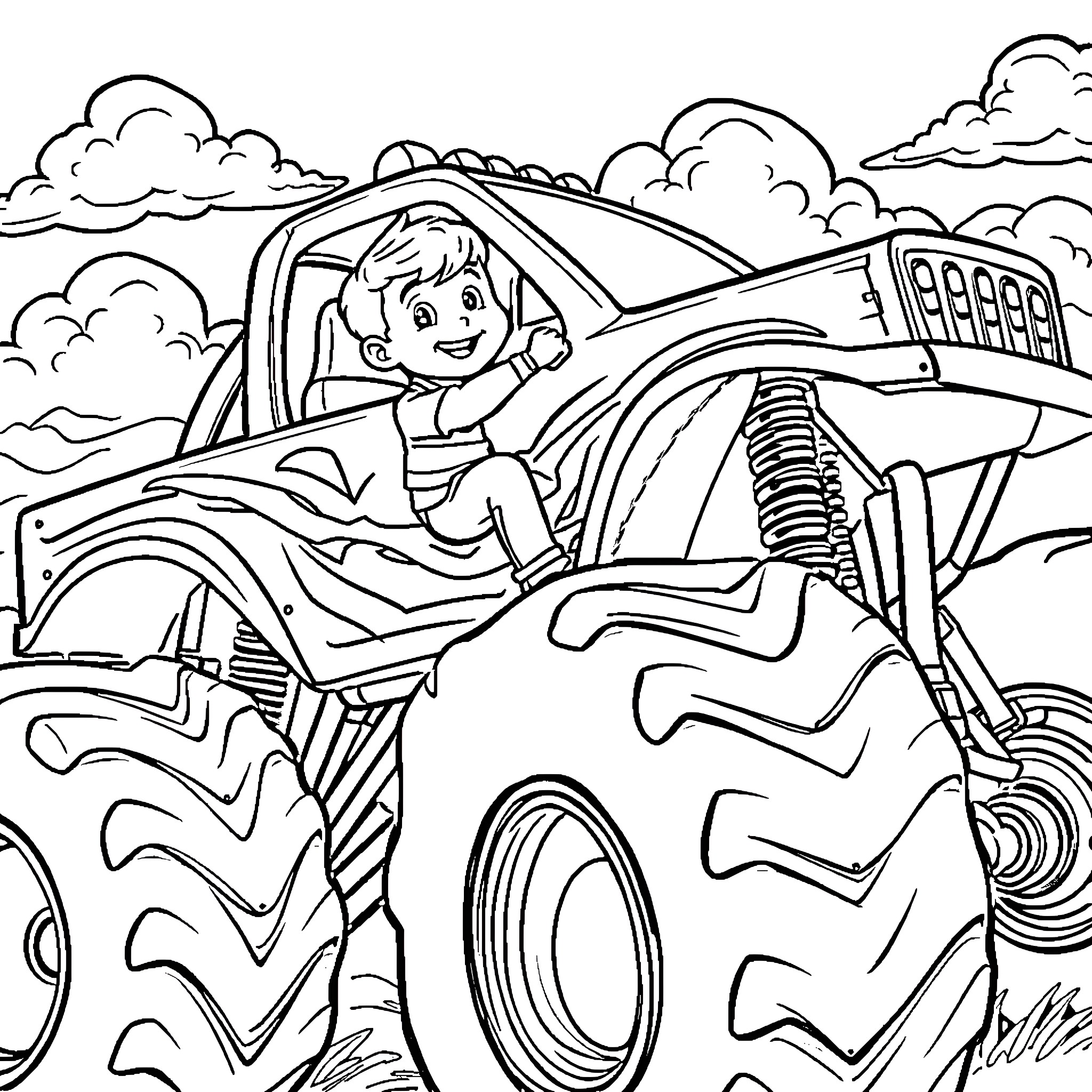 Monster Truck with Enthusiastic Driver Coloring Page (free black-and-white line drawing printable PDF for all, from beginners to advanced learners, including children, teens, adults, and seniors)