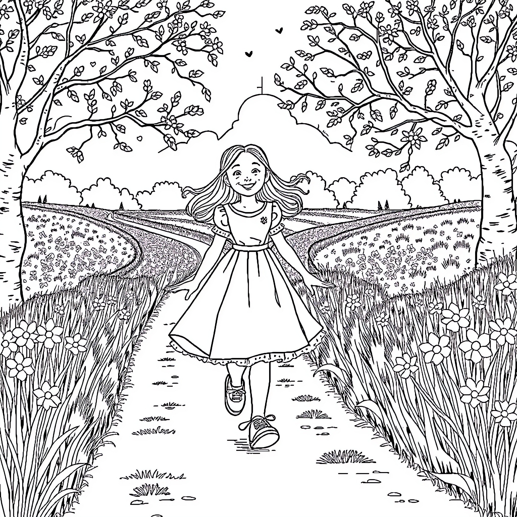 Dorothy enjoying a sunny day in the meadow Coloring Page (free black-and-white line drawing printable PDF for all, from beginners to advanced learners, including children, teens, adults, and seniors)