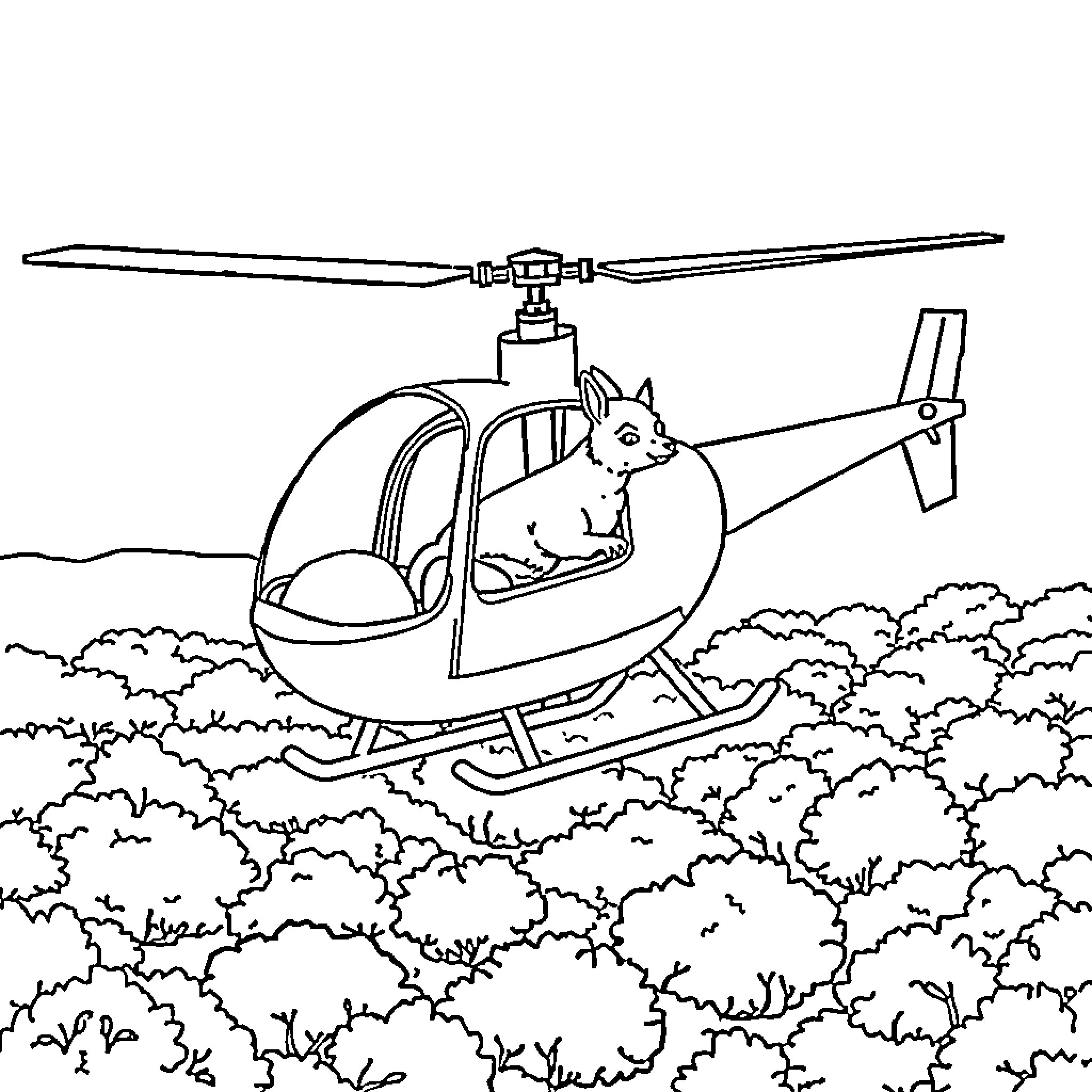 Capybara riding a helicopter over the forest Coloring Page (free black-and-white line drawing printable PDF for all, from beginners to advanced learners, including children, teens, adults, and seniors)