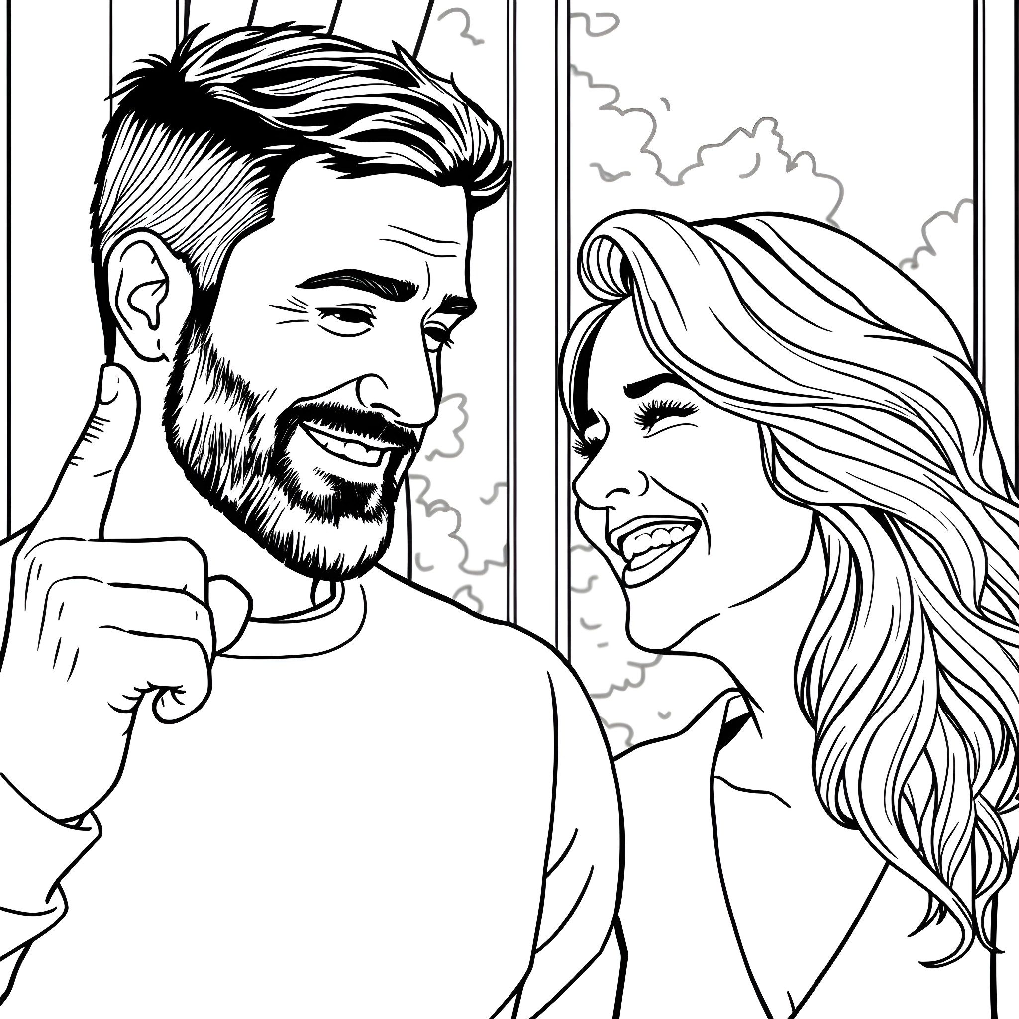 Husband Sharing Joyful Moment with Wife Coloring Page (free black-and-white line drawing printable PDF for all, from beginners to advanced learners, including children, teens, adults, and seniors)
