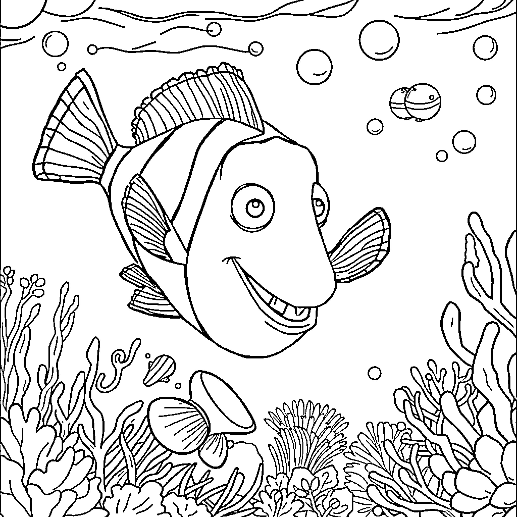 Nemo Exploring the Enchanting Underwater World Coloring Page (free black-and-white line drawing printable PDF for all, from beginners to advanced learners, including children, teens, adults, and seniors)