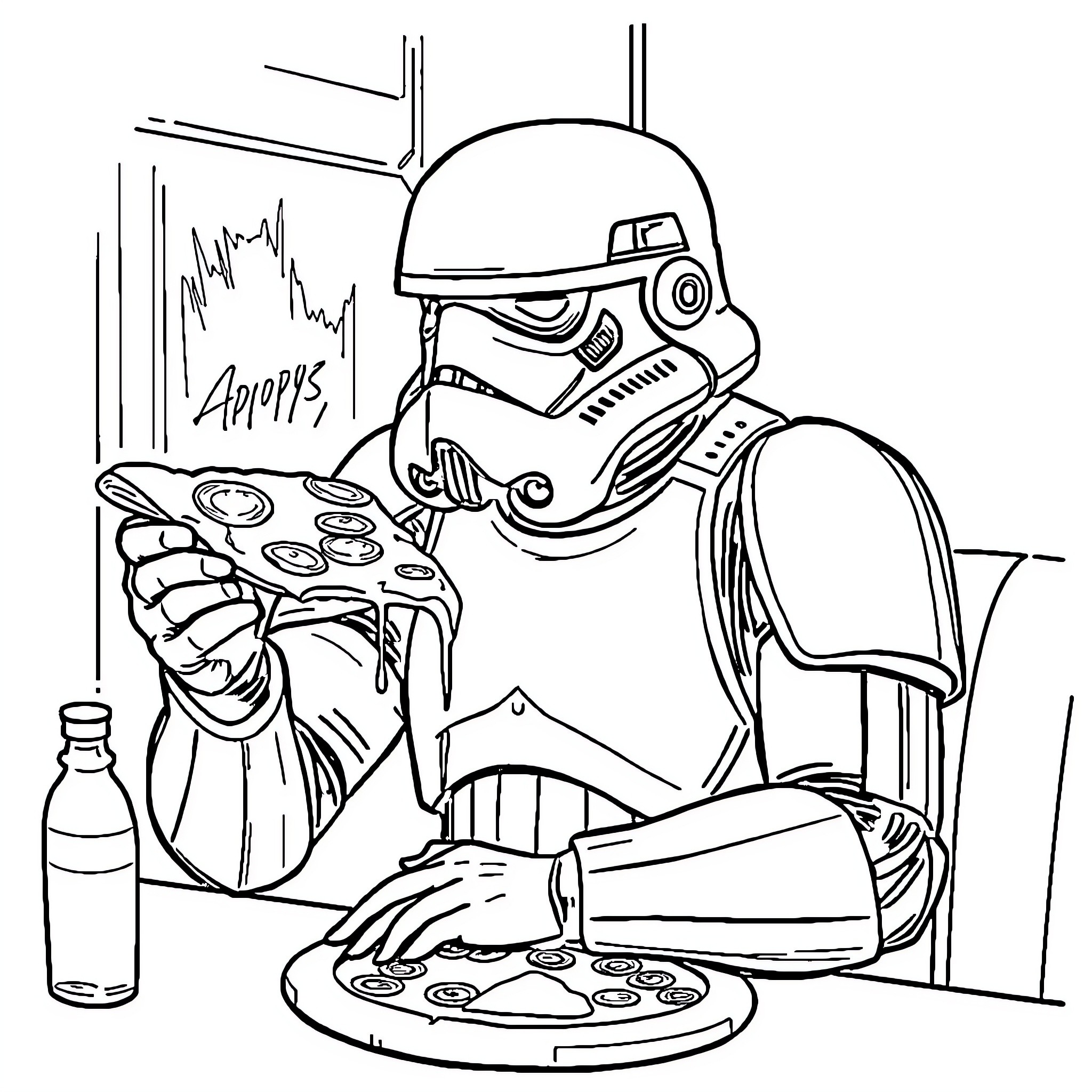 Stormtrooper enjoying pizza and video games Coloring Page (free black-and-white line drawing printable PDF for all, from beginners to advanced learners, including children, teens, adults, and seniors)