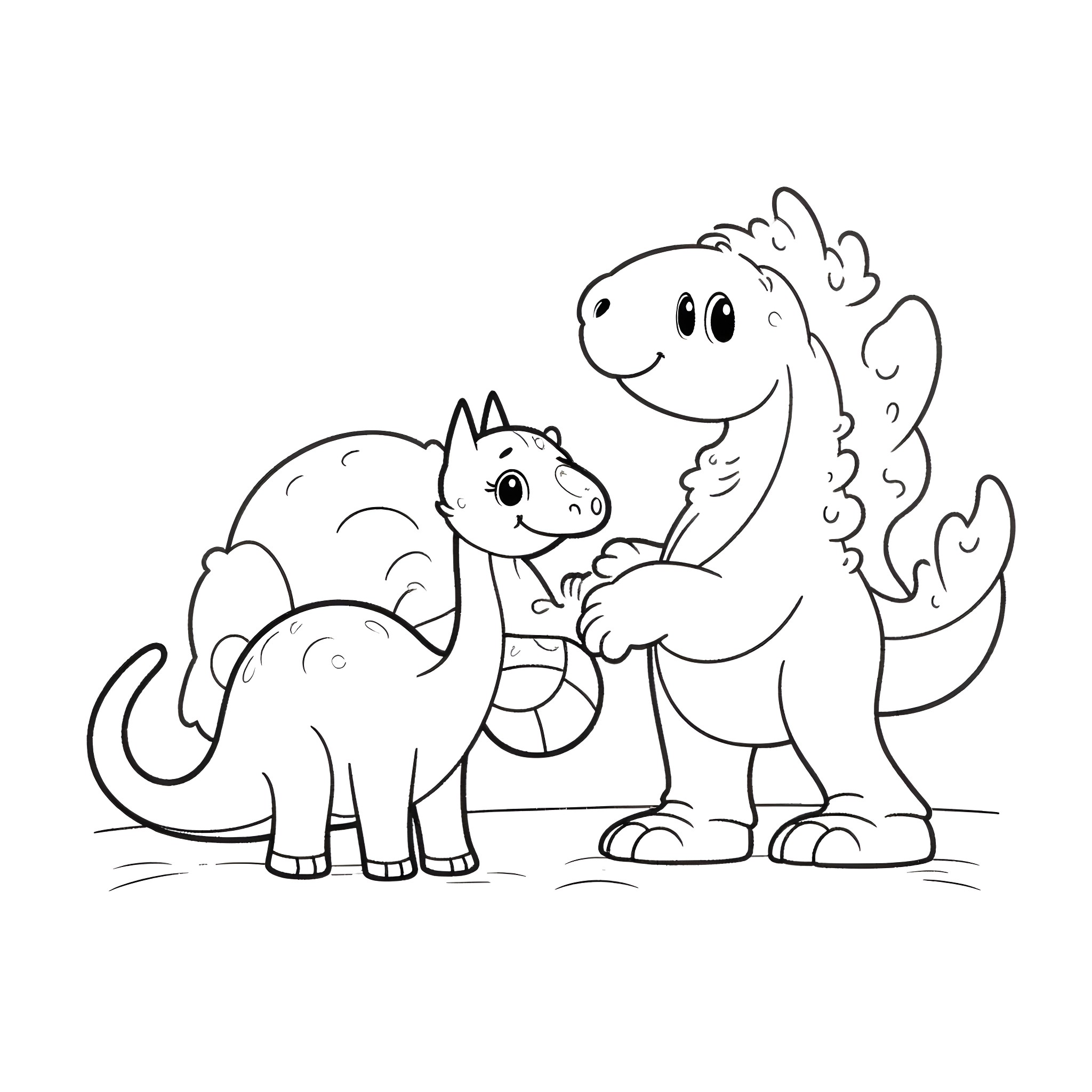 Kitty dinosaurs playing together happily Coloring Page (free black-and-white line drawing printable PDF for all, from beginners to advanced learners, including children, teens, adults, and seniors)
