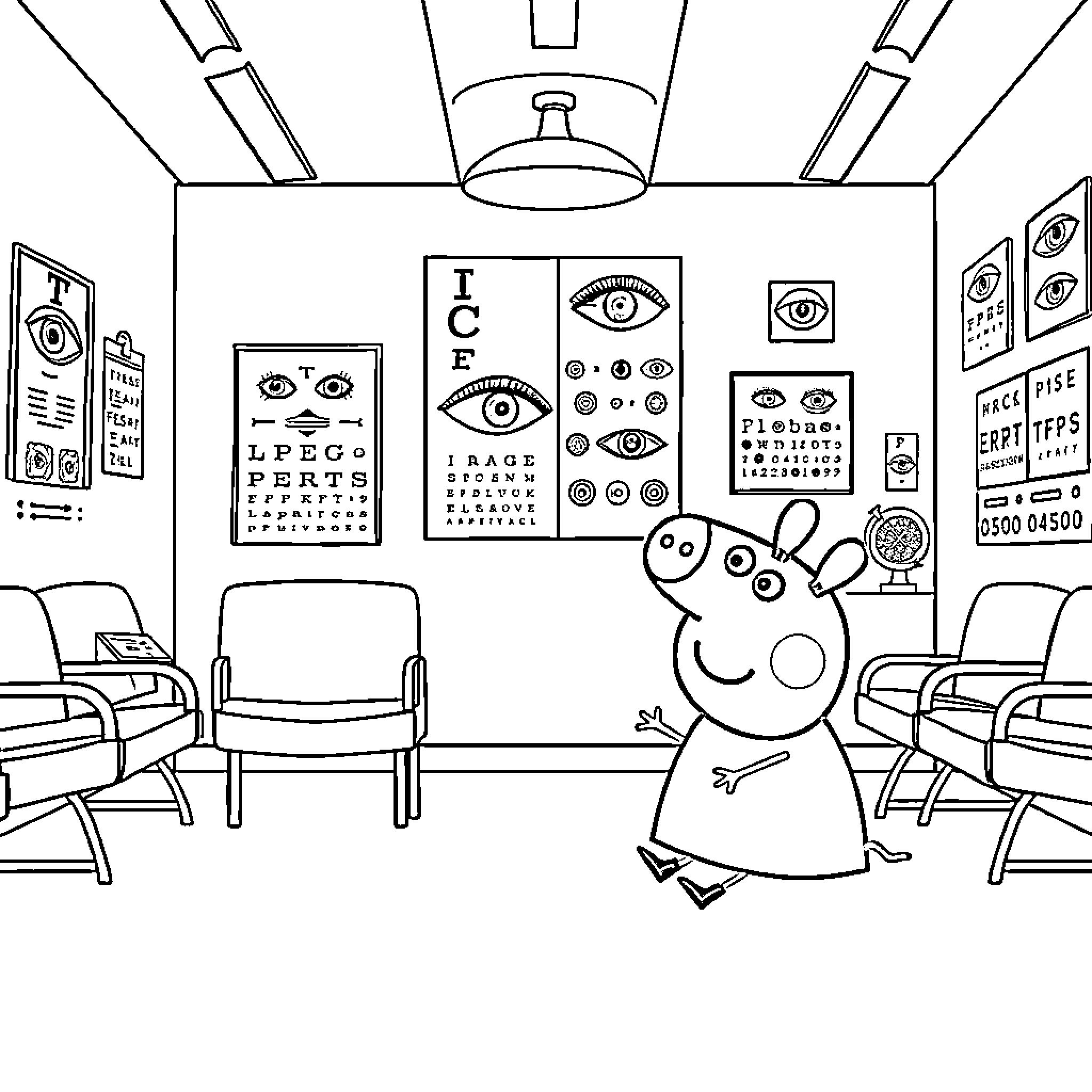 Peppa Pig visits the eye doctor's office Coloring Page (free black-and-white line drawing printable PDF for all, from beginners to advanced learners, including children, teens, adults, and seniors)