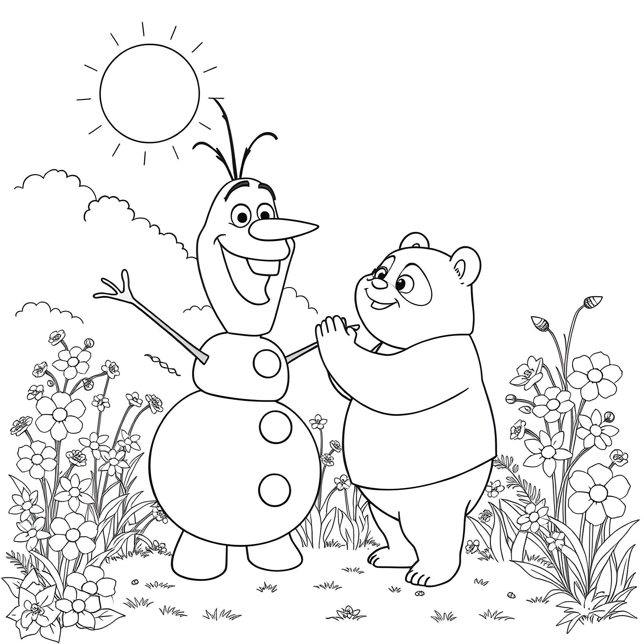 Olaf and Panda Playing Together in a Flowery Field Coloring Page (free black-and-white line drawing printable PDF for all, from beginners to advanced learners, including children, teens, adults, and seniors)